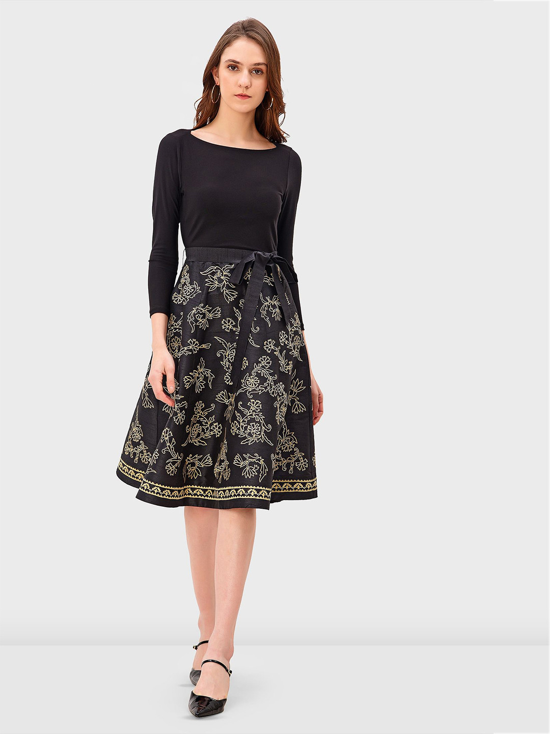 

Zapelle Floral Printed Tie-Ups Fit & Flare Dress, Black