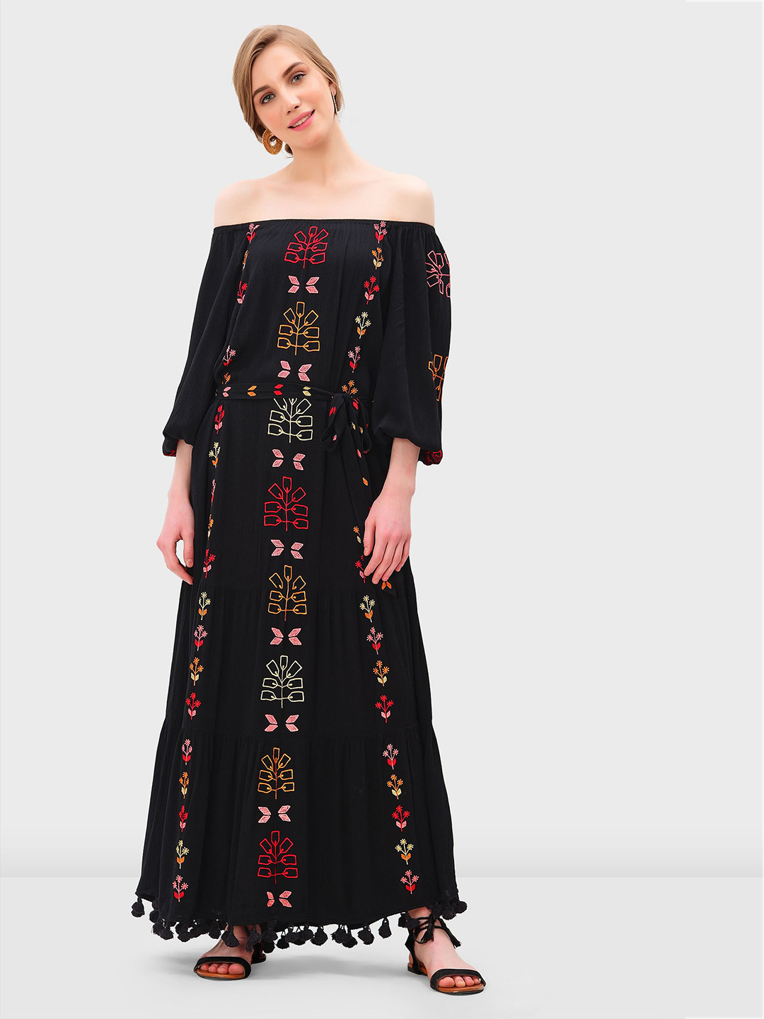 

Zapelle Floral Printed Off Shoulder Tie Ups Detail Maxi Dress, Black