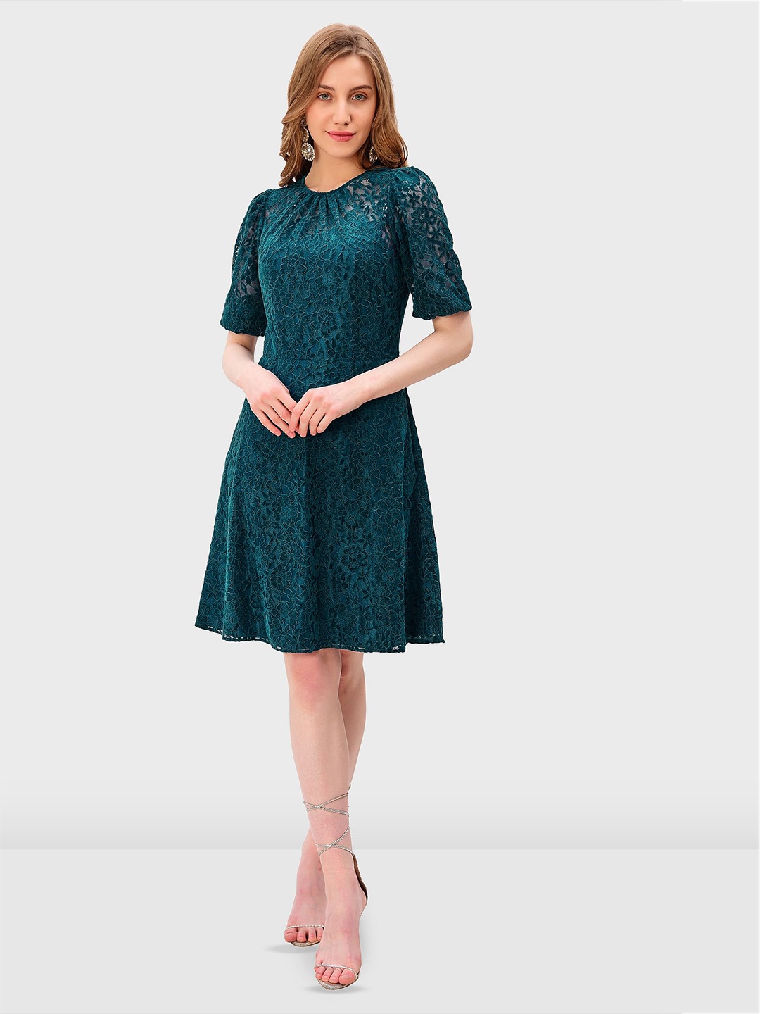 

Zapelle Round Neck Puffed Sleeves Lace Fit & Flare Dress, Teal