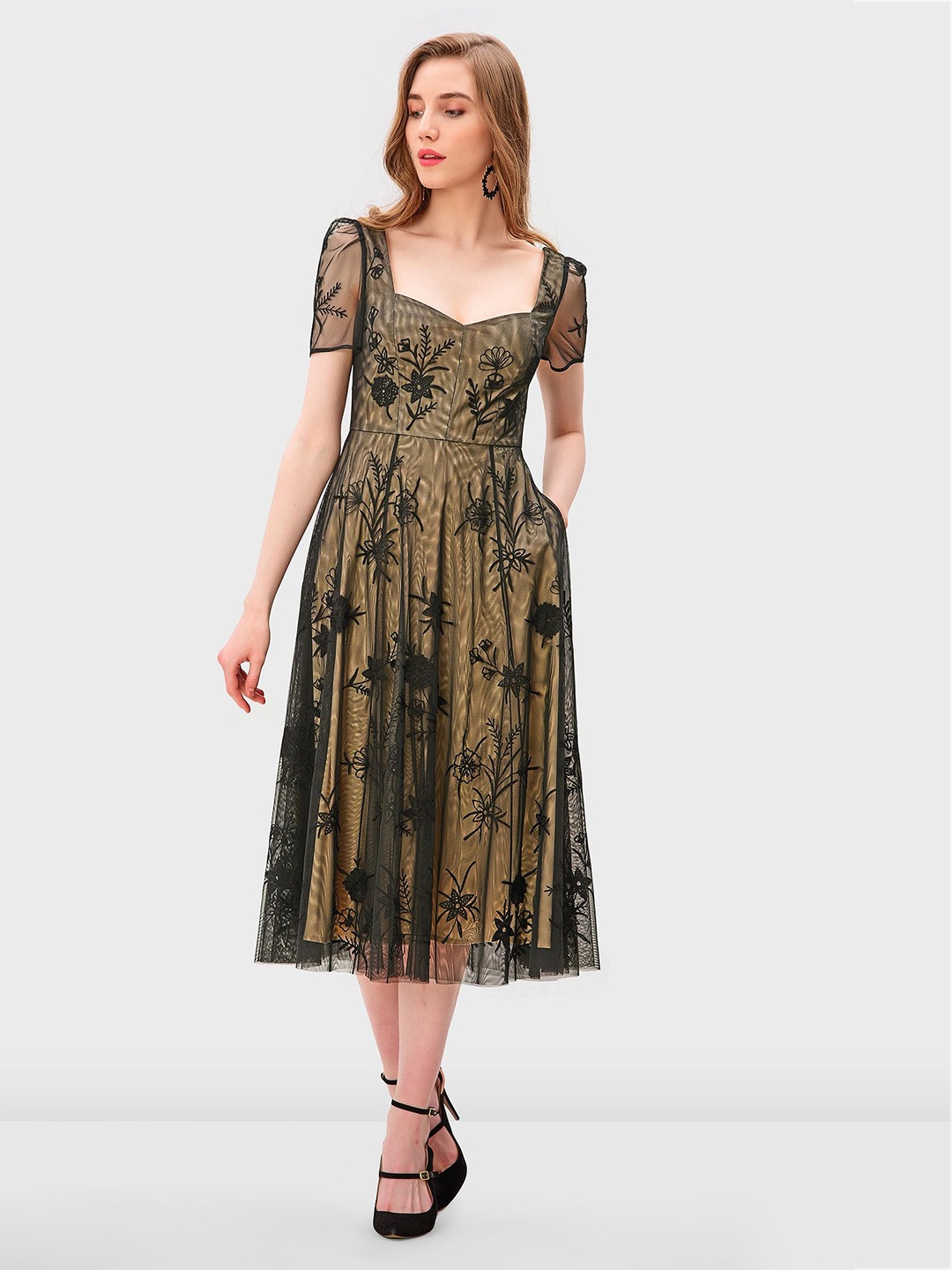 

Zapelle Sweetheart Neck Net Fit & Flare Midi Dress, Black