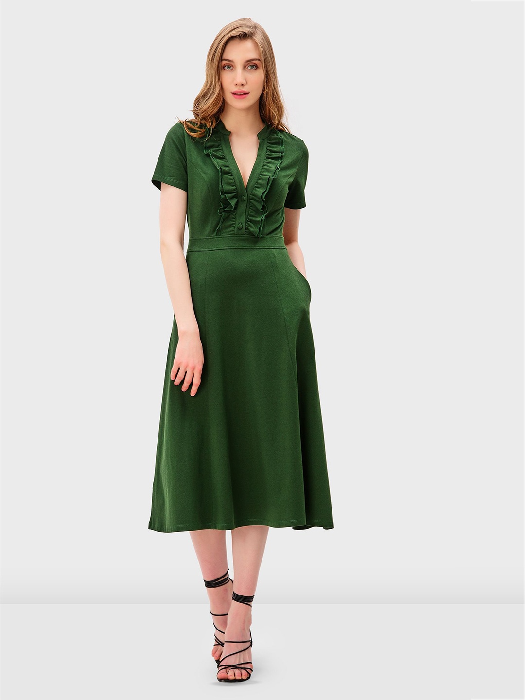 

Zapelle Mandarin Collar Ruffled Detail Midi Fit & Flare Dress, Green