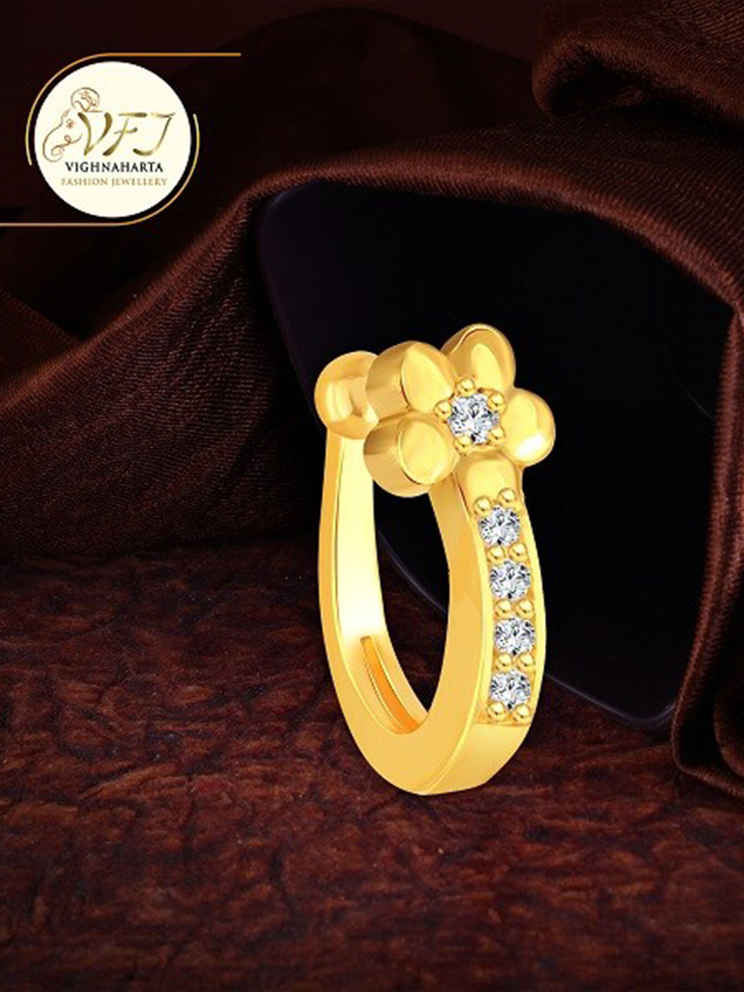 

Vighnaharta Set of 2 Gold Rhodium-Plated CZ Stone-Studded Clip-On Nosepin, Silver