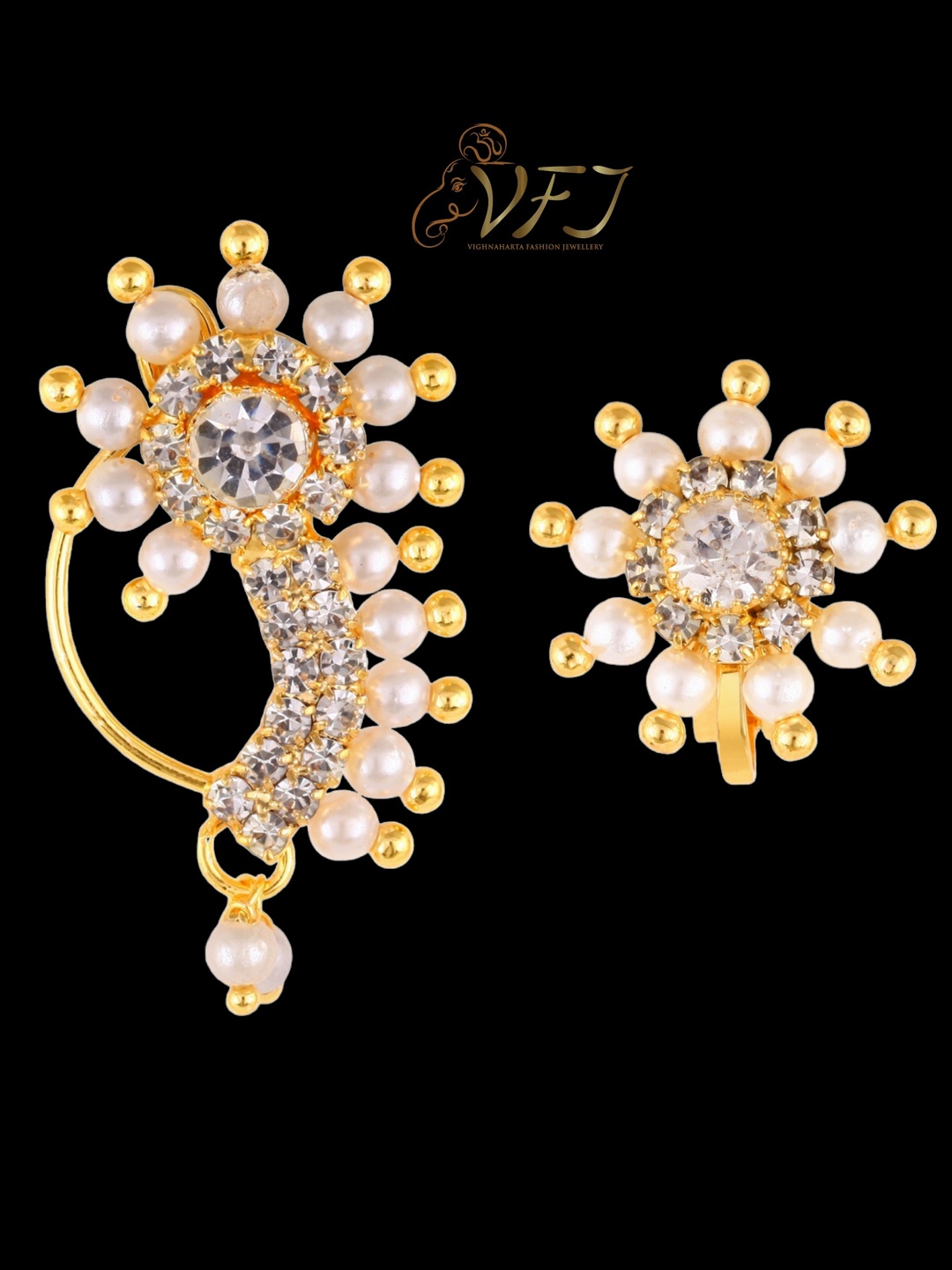 

Vighnaharta Set of 2 Gold-Plated CZ-Studded & Pearl-Beaded Clip-On Nosepin