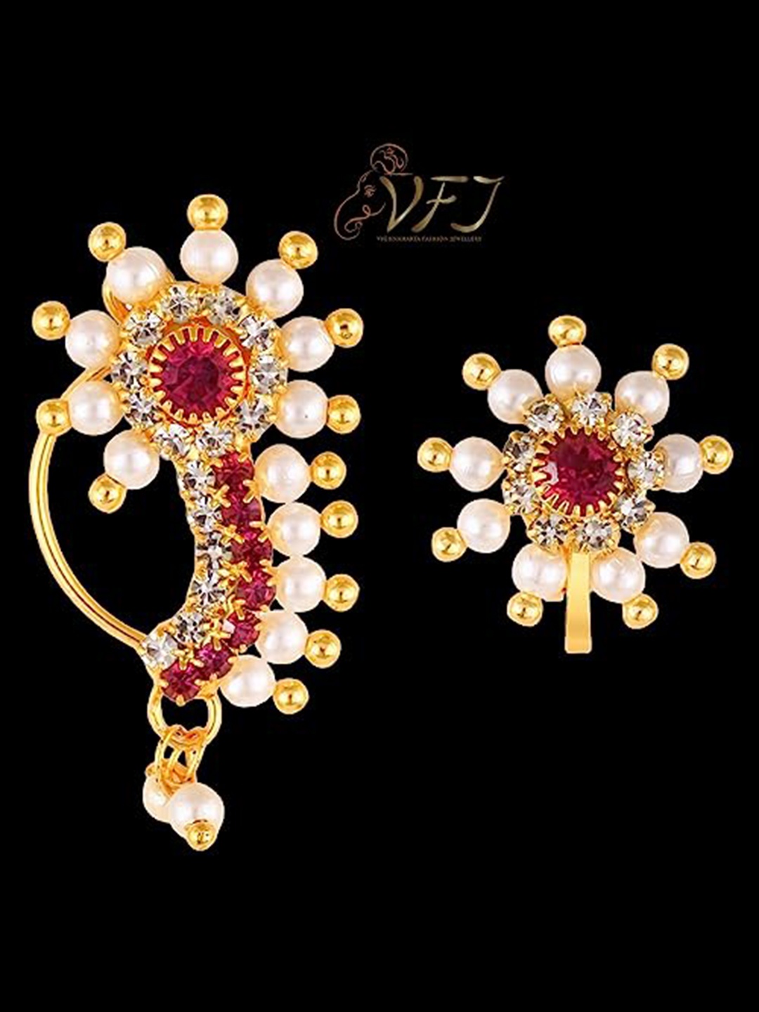 

Vighnaharta Set Of 2 Gold-Plated CZ Studded & Pearls Beaded Nosepin