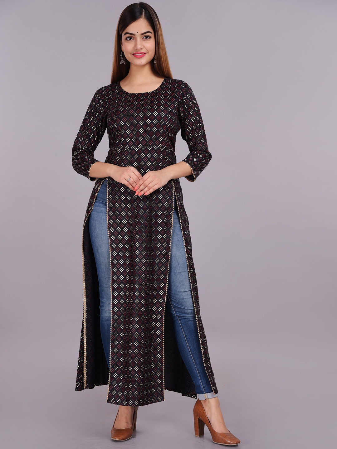 

PURSHOTTAM WALA Ethnic Motif Print Gotta Patti High Slit Kurta, Black