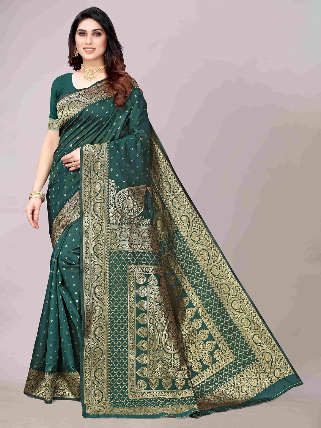 

MAGMINA Ethnic Motifs Zari Banarasi Saree, Green