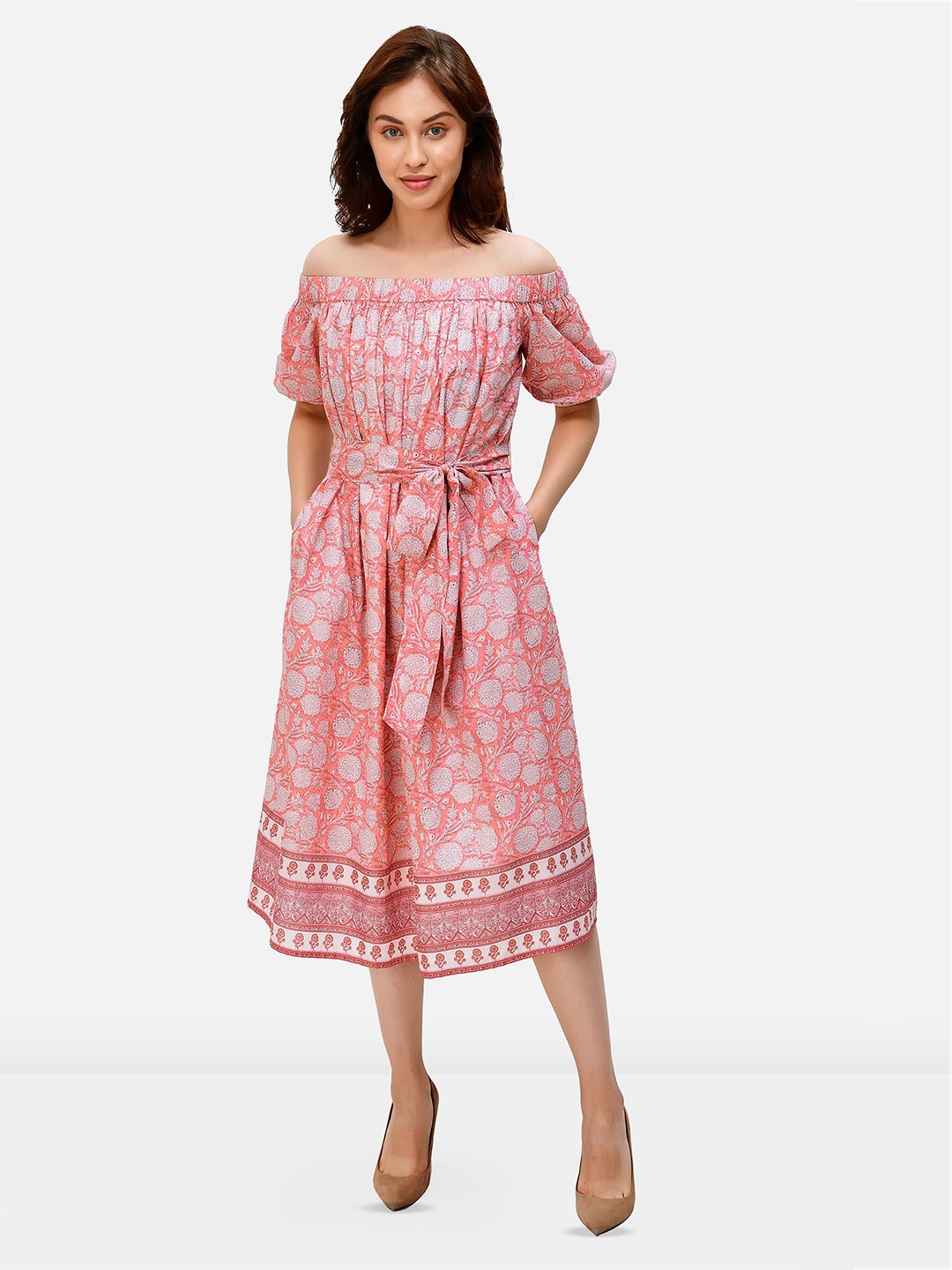 

Zapelle Floral Printed Off-Shoulder Puff Sleeve Cotton Fit & Flare Midi Dress, Pink