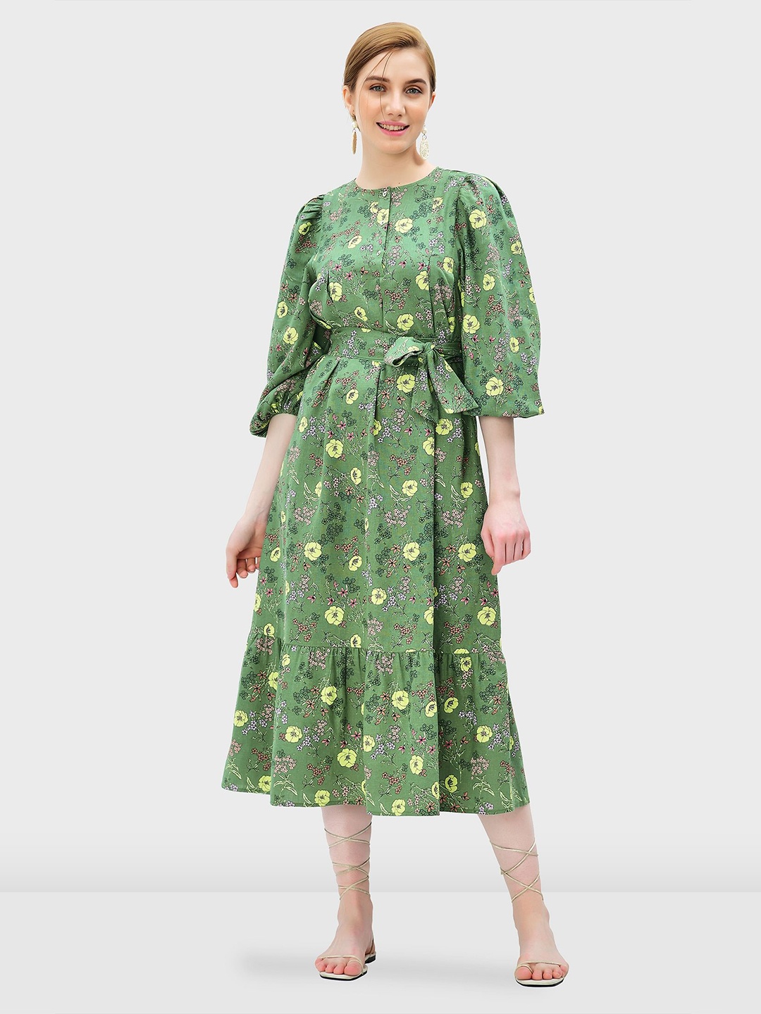 

Zapelle Floral Printed Puff Sleeve Linen A-Line Midi Dress With Belt, Green