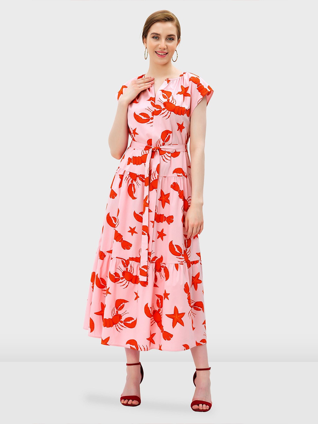 

Zapelle Graphic Printed Cap Sleeve Cotton Midi Tiered Dress, Pink
