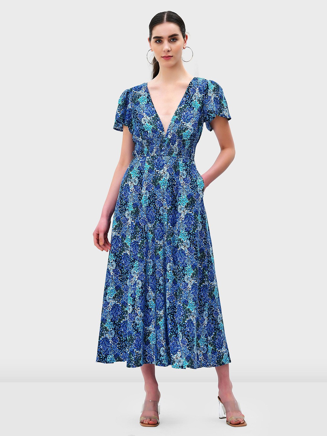 

Zapelle Floral Print Plunging Neck Linen Fit & Flare Dress, Navy blue