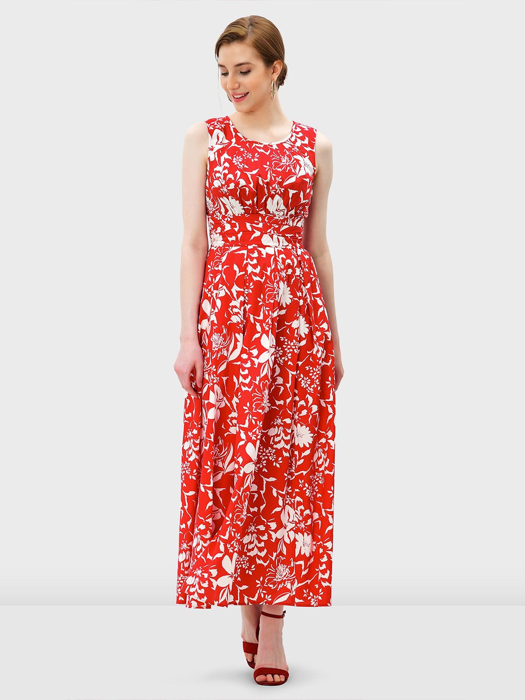 

Zapelle Floral Printed Sleeveless Cotton Maxi Fit & Flare Dress, Red