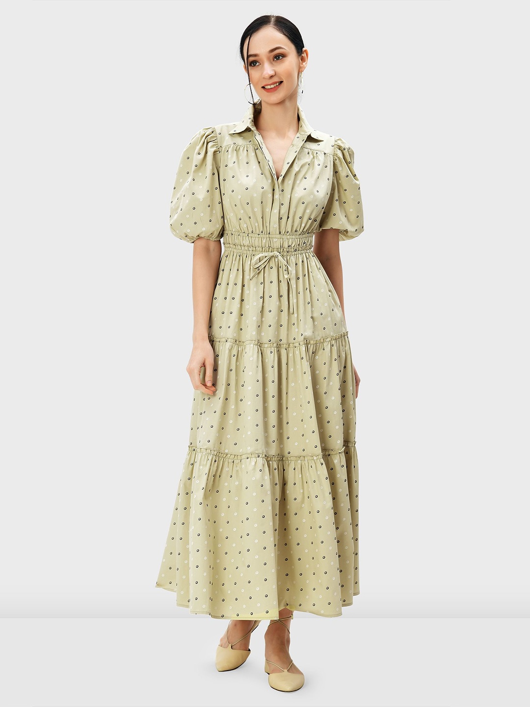 

Zapelle Conversational Printed Puff Sleeve Tiered Cotton Maxi Dress, Green