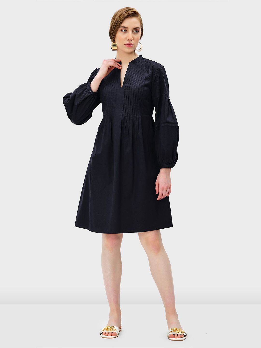 

Zapelle Mandarin Collar Puff Sleevse A-Line Dress, Navy blue