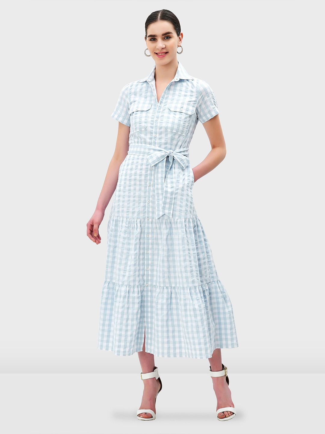

Zapelle Checked Cotton Tie-Ups Shirt Maxi Dress, Blue
