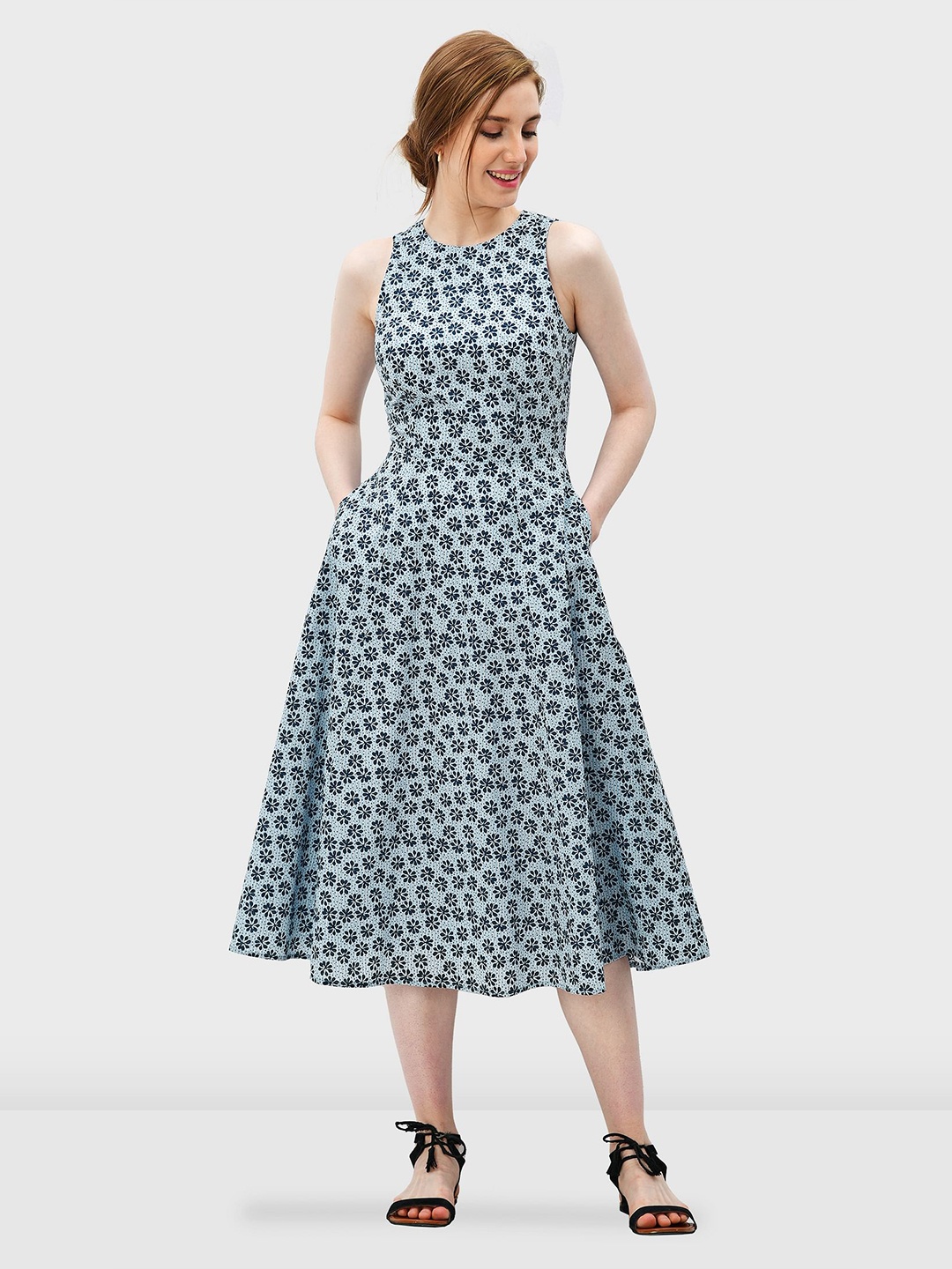 

Zapelle Floral Printed Sleeveless Fit & Flare Midi Dress, Blue
