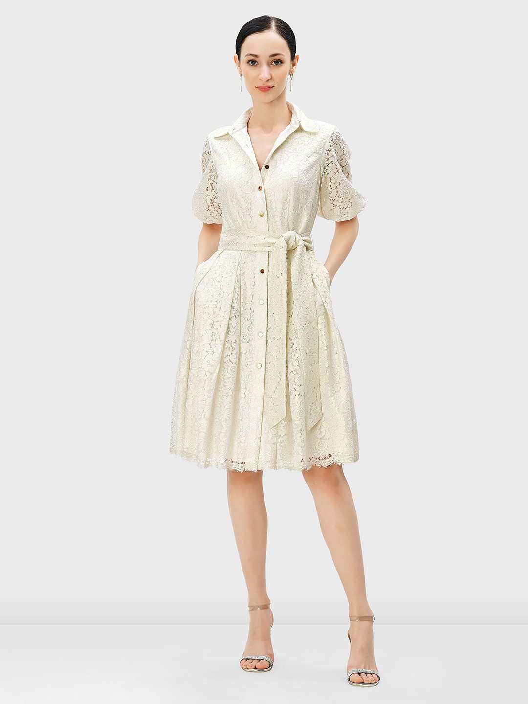 

Zapelle Self Design Lace Up Shirt Collar Shirt Style Dress, Off white