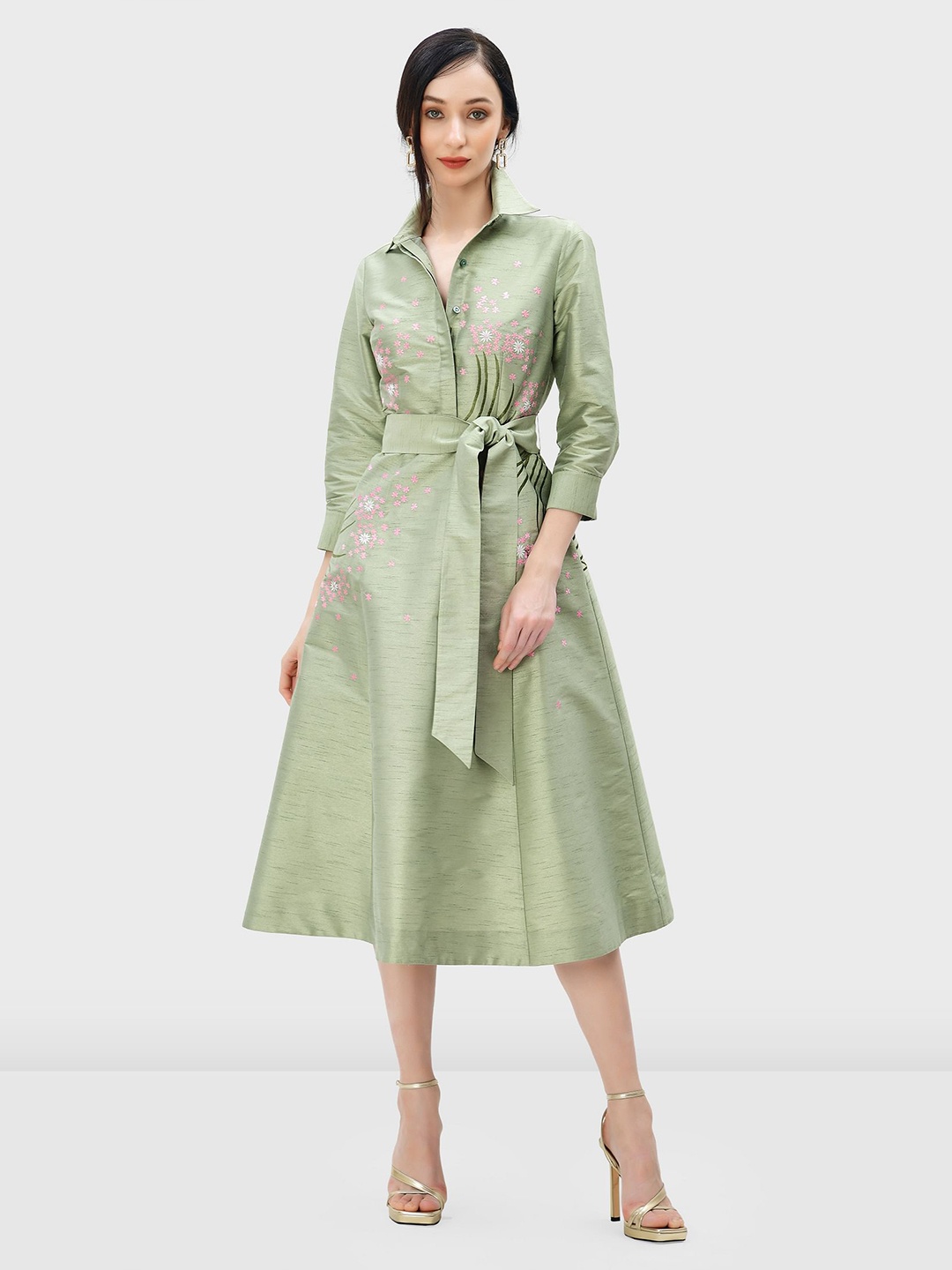 

Zapelle Floral Embroidered Shirt Collar A-Line Midi Dress, Green