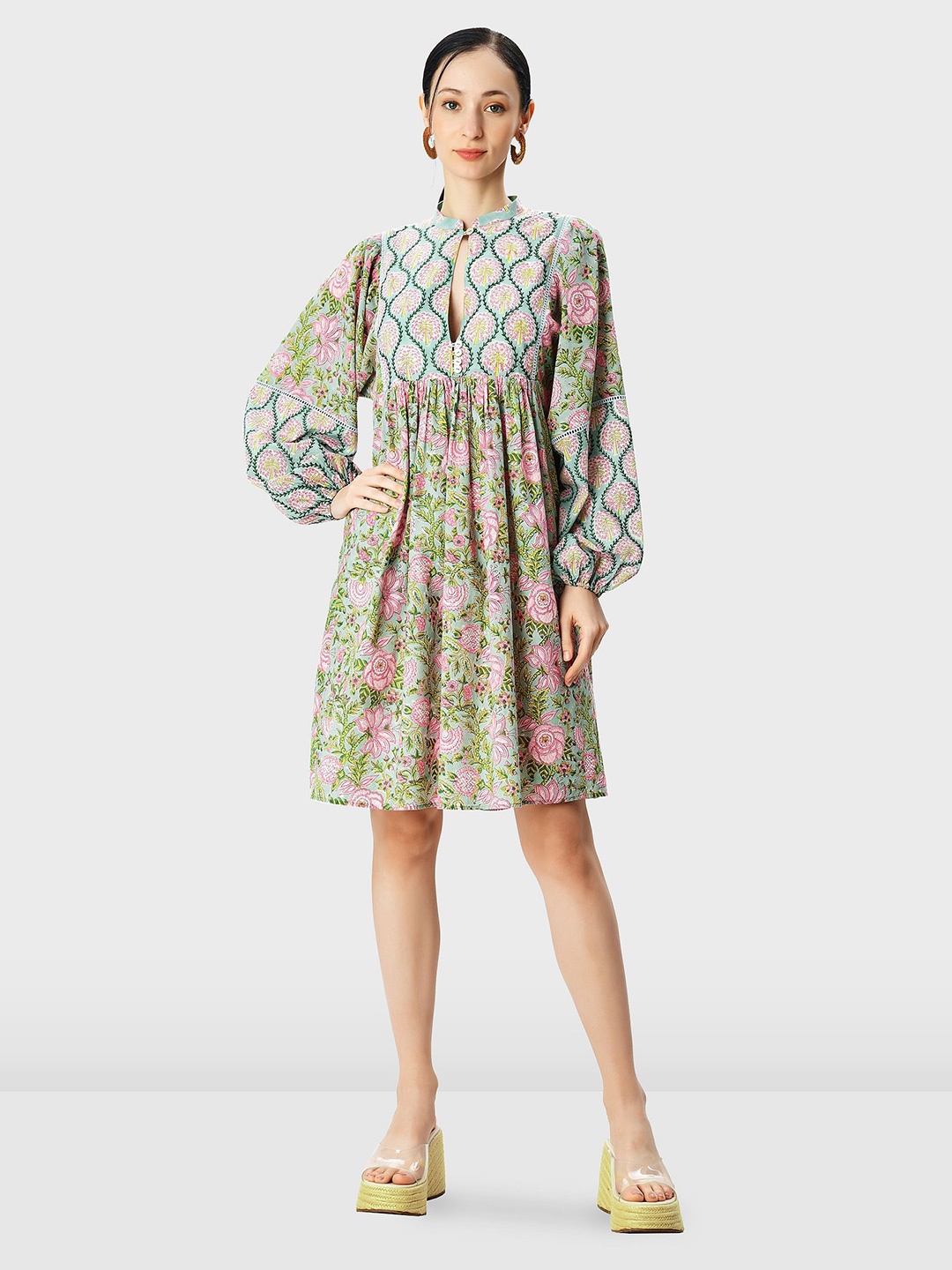 

Zapelle Floral Printed Keyhole Neck Empire Dress, Green