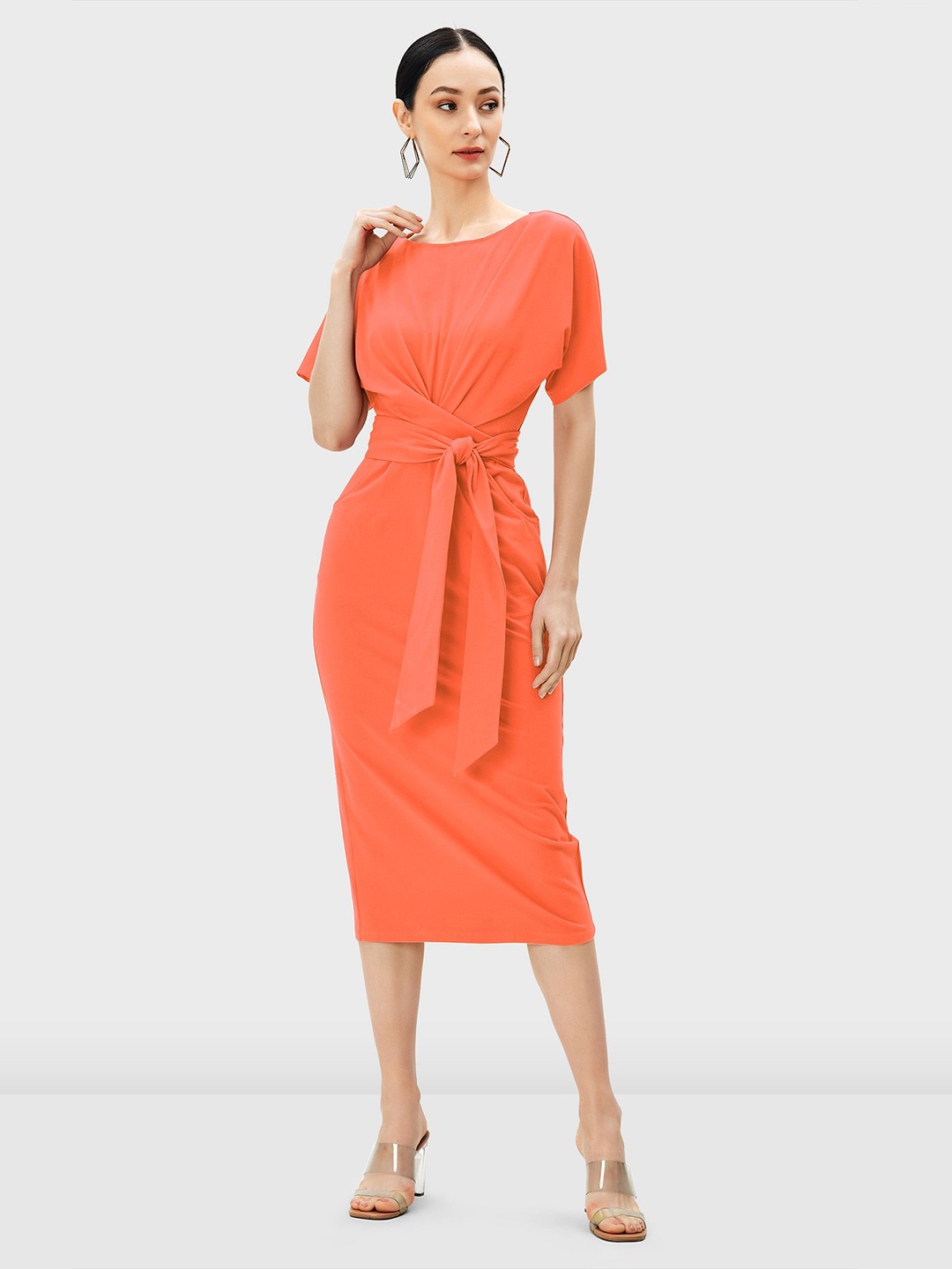 

Zapelle Round Neck Tie Up Details Sheath Midi Dress, Peach