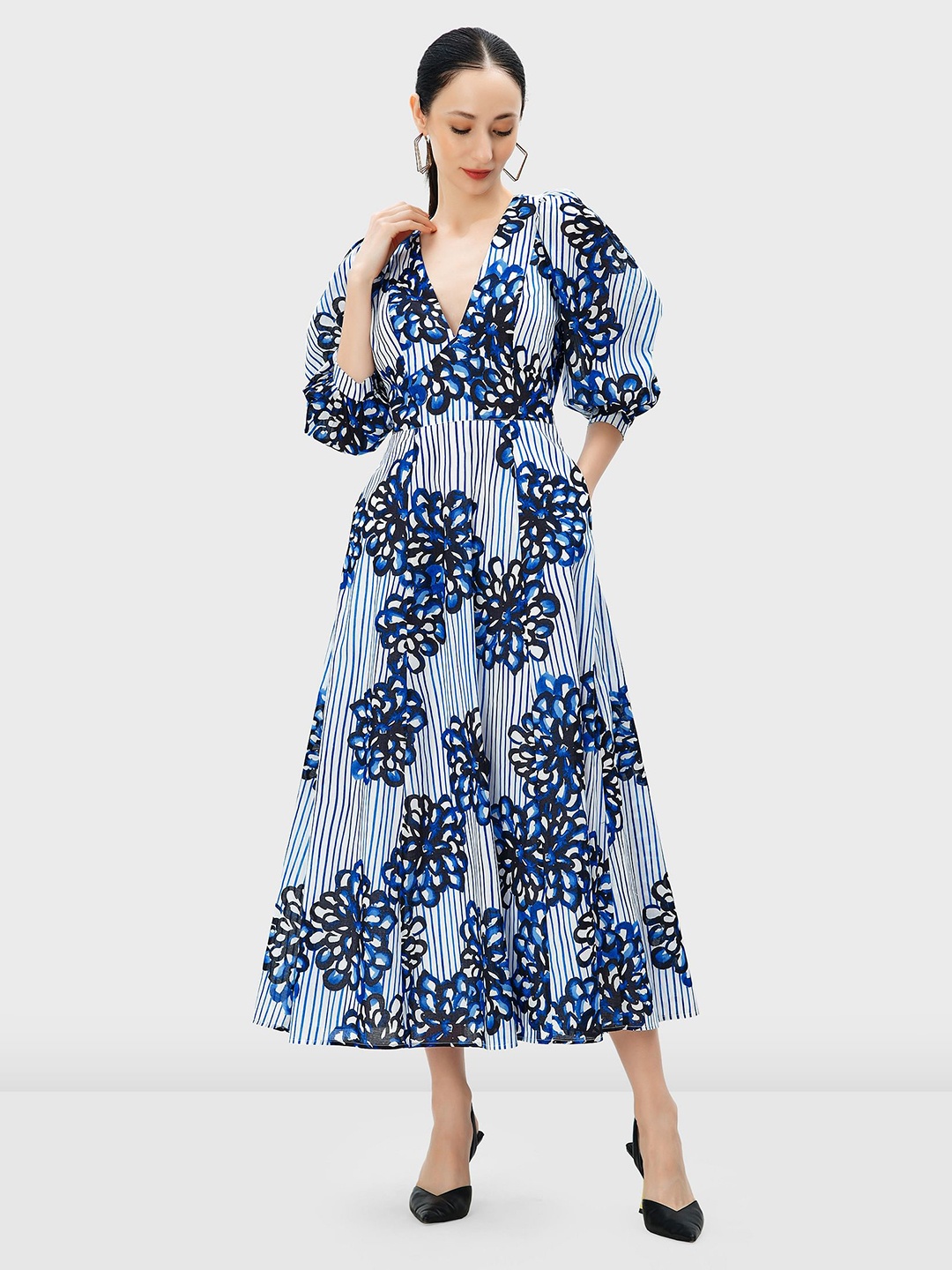 

Zapelle Floral Printed Fit & Flare Cotton Midi Dress, Blue