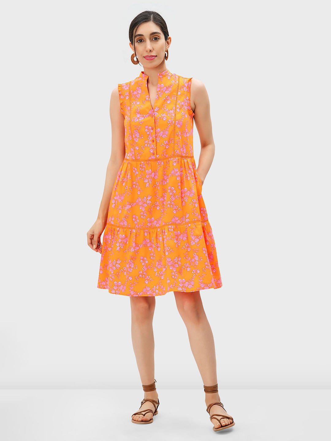 

Zapelle Floral Print Sleeveless Tiered Cotton A-Line Dress, Orange