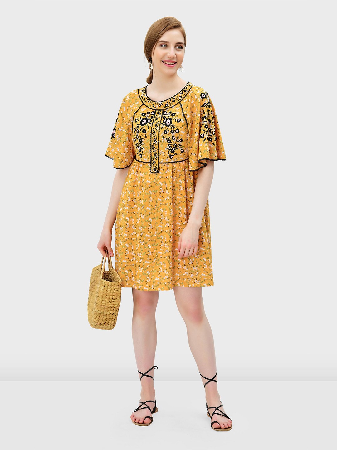 

Zapelle Floral Embroidery Flutter Sleeve Fit & Flare Dress, Yellow