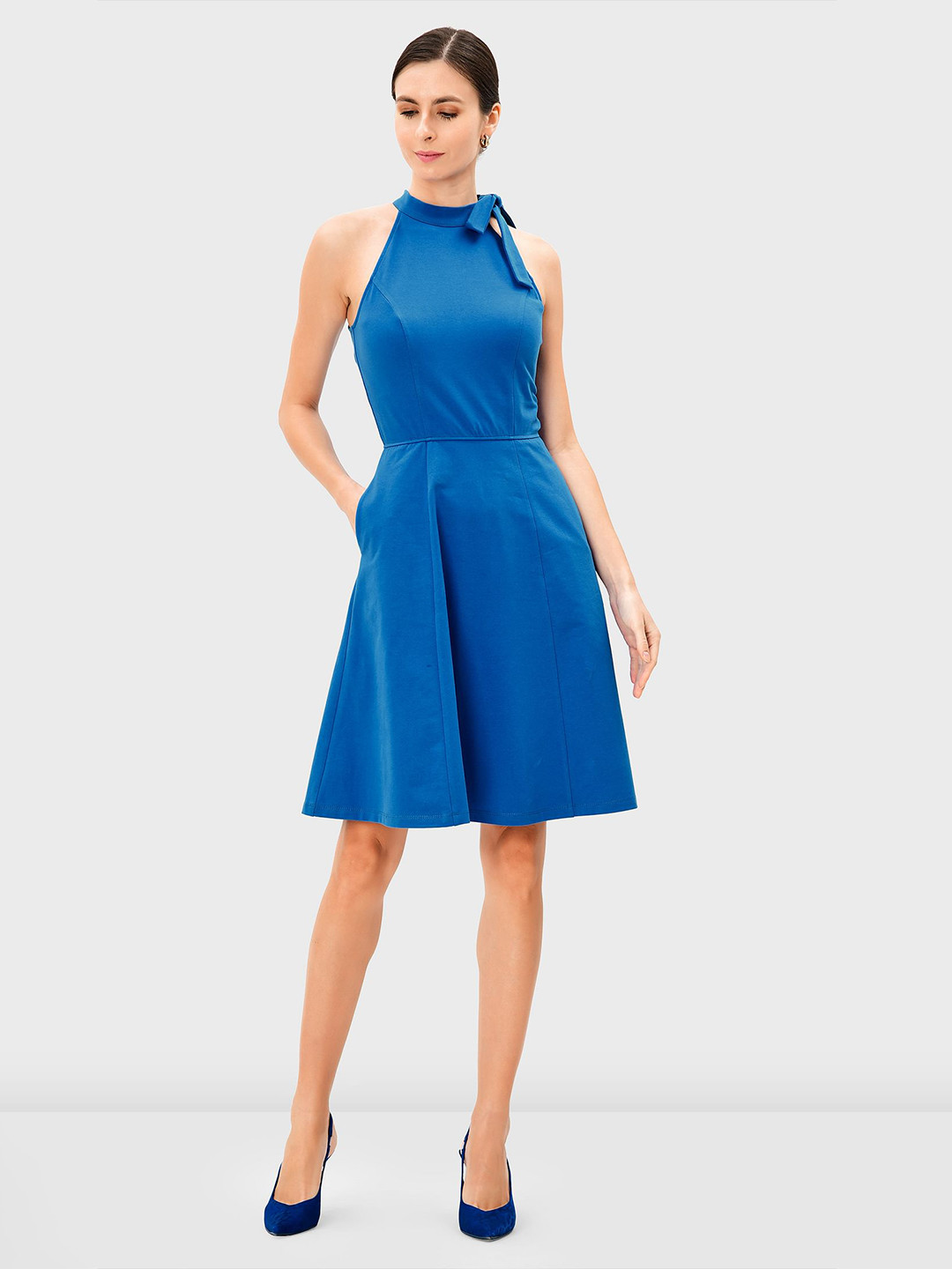 

Zapelle Round Neck Tie Up A-Line Cotton Dress, Blue