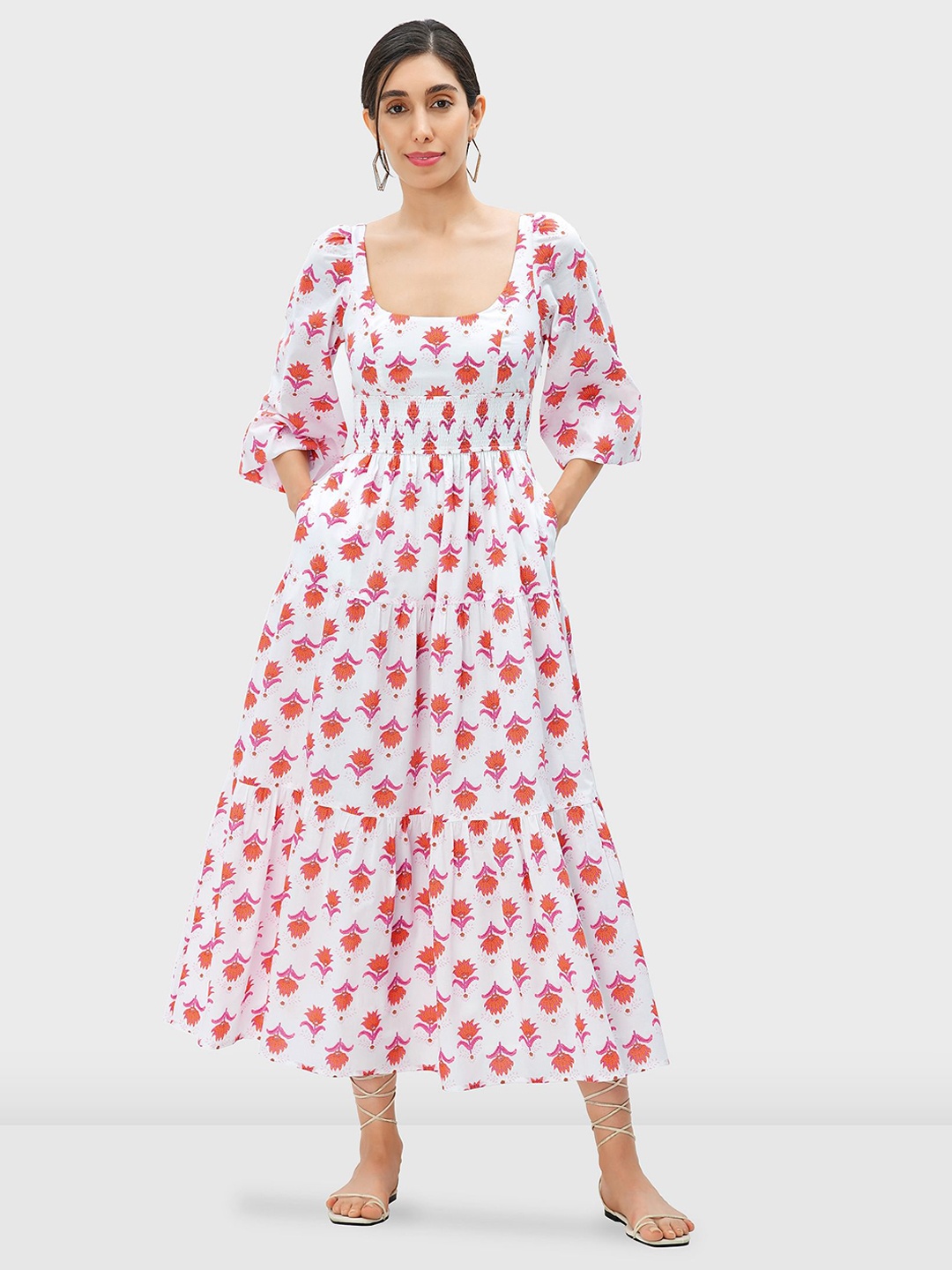 

Zapelle Ethnic Motifs Printed Scoop Neck Smocked Cuffed Sleeves A-Line Tiered Dress, White