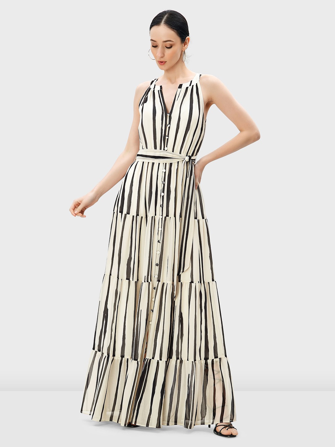 

Zapelle Striped Tiered Georgette Maxi Dress With Belt, Off white