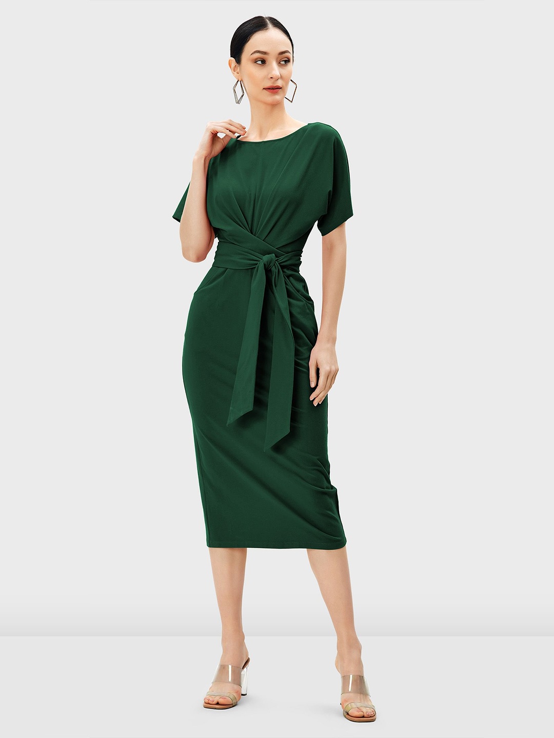 

Zapelle Boat Neck Belted Cotton Sheath Midi Dress, Green