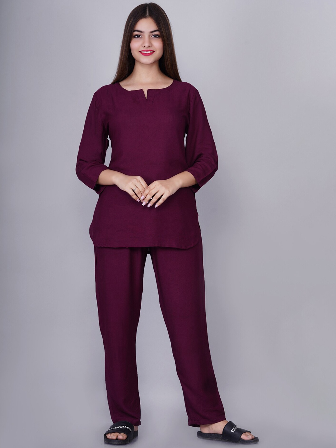 

Bachuu Notched Neck Kurti with Lounge Pants, Purple