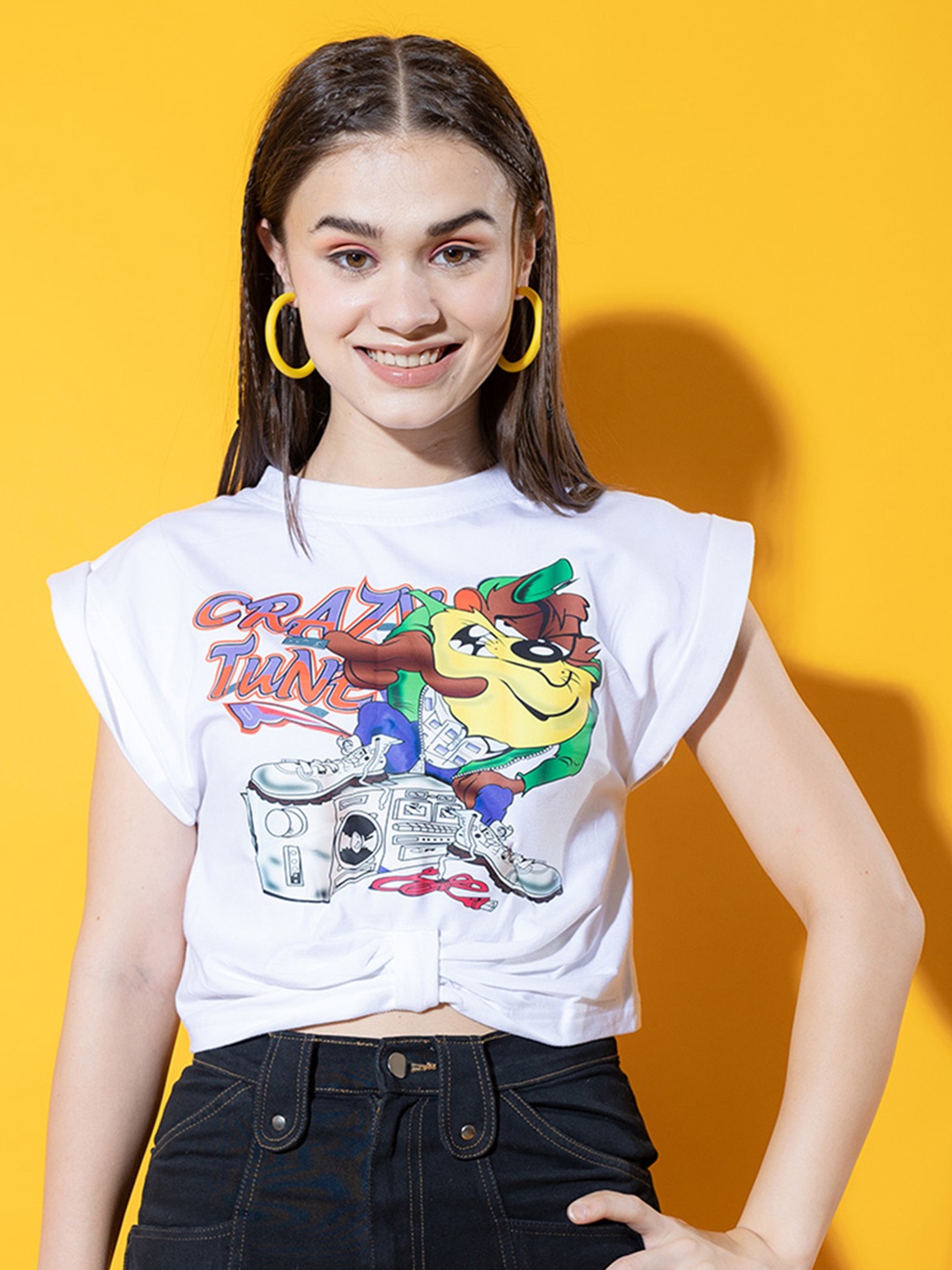 

Stylecast X Hersheinbox White Graphic Print Extended Sleeve Cotton Top