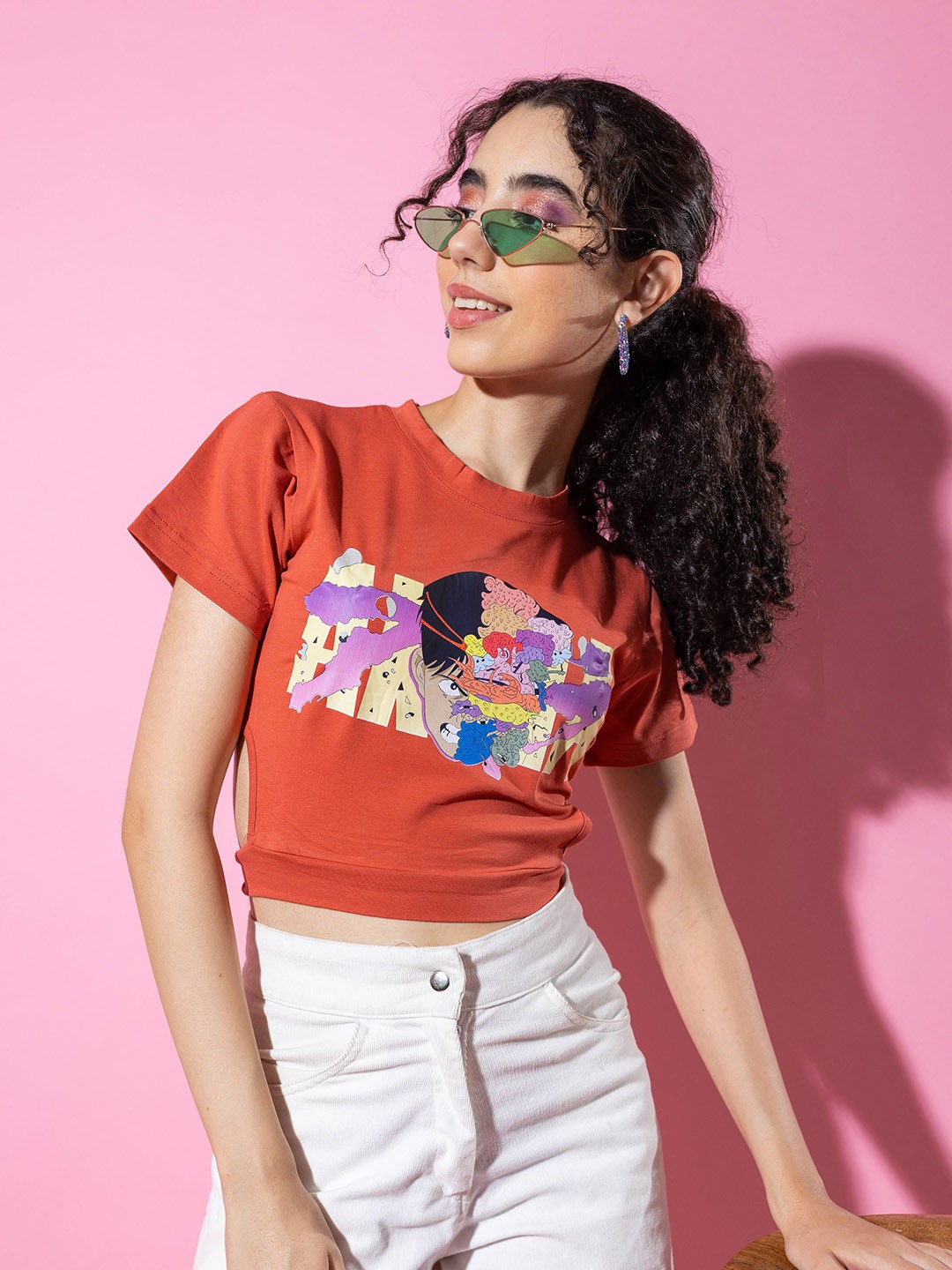 

Stylecast X Hersheinbox Orange Graphic Printed Pure Cotton Crop Top