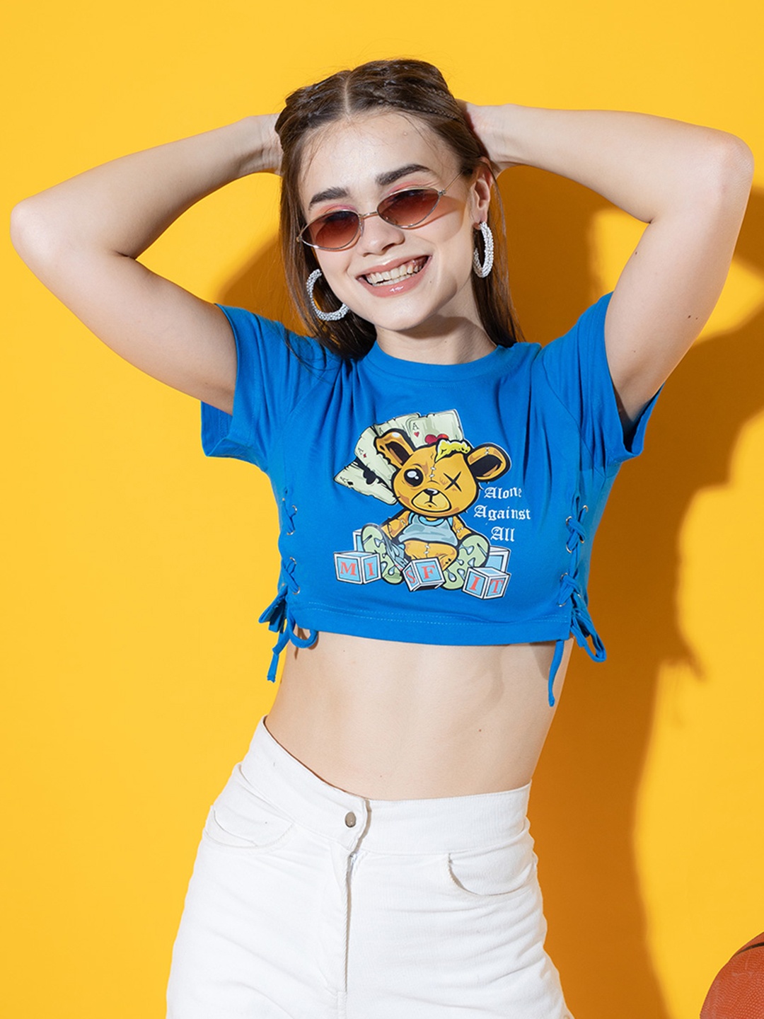 

Stylecast X Hersheinbox Blue Graphic Printed Tie-Up Detailed Pure Cotton Crop Top