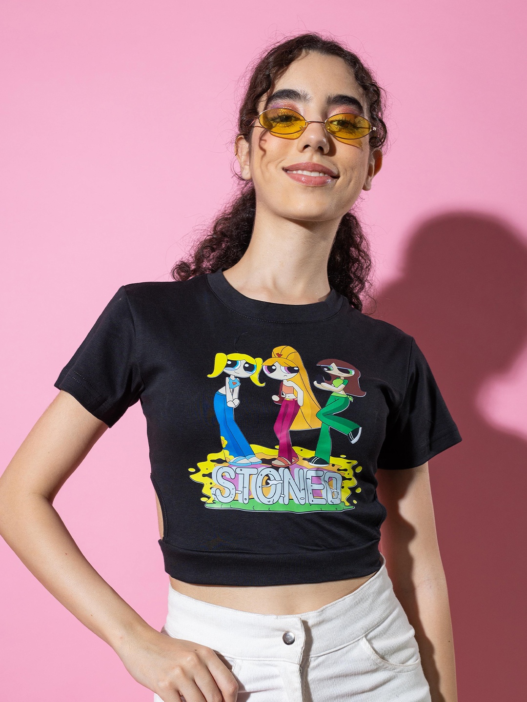 

Stylecast X Hersheinbox Black Power Puff Girls Printed Cut-Out Cotton Top