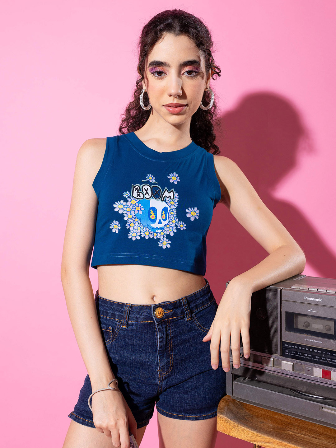 

Stylecast X Hersheinbox Blue Graphic Printed Sleeveless Pure Cotton Crop Top