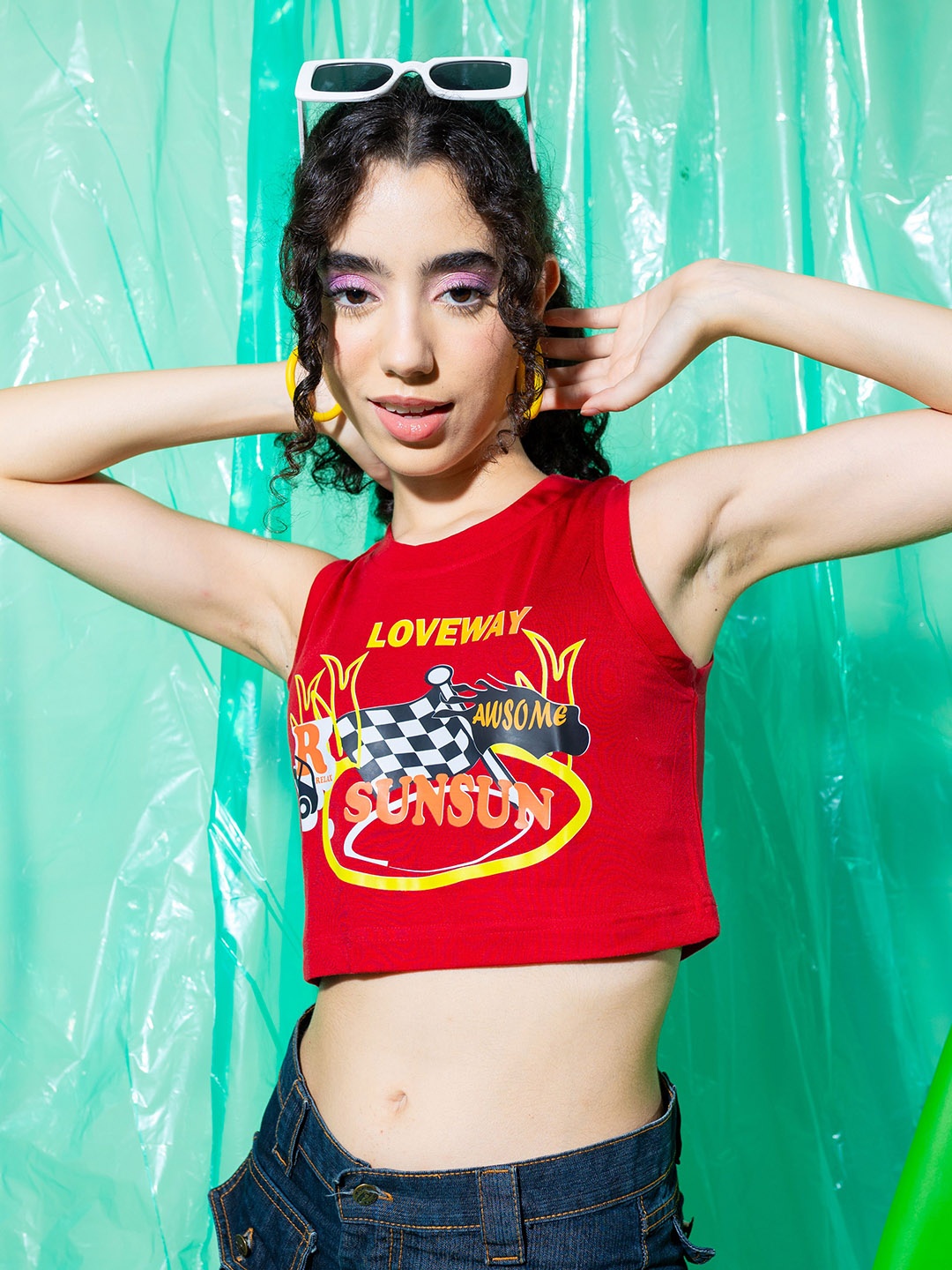 

Stylecast X Hersheinbox Red Graphic Printed Sleeveless Pure Cotton Crop Top