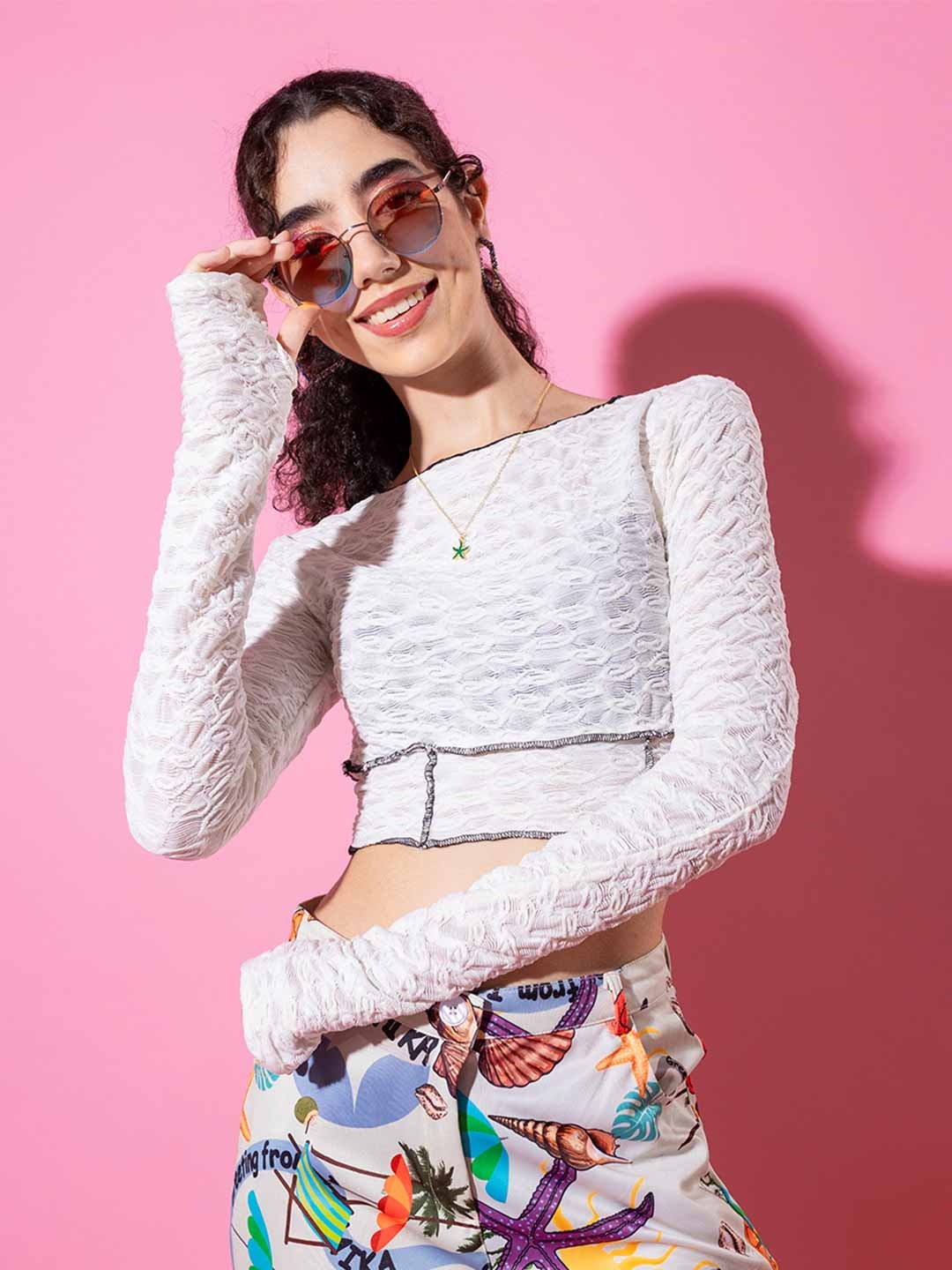 

Stylecast X Hersheinbox White Self Design Cotton Pure Cotton Crop Top