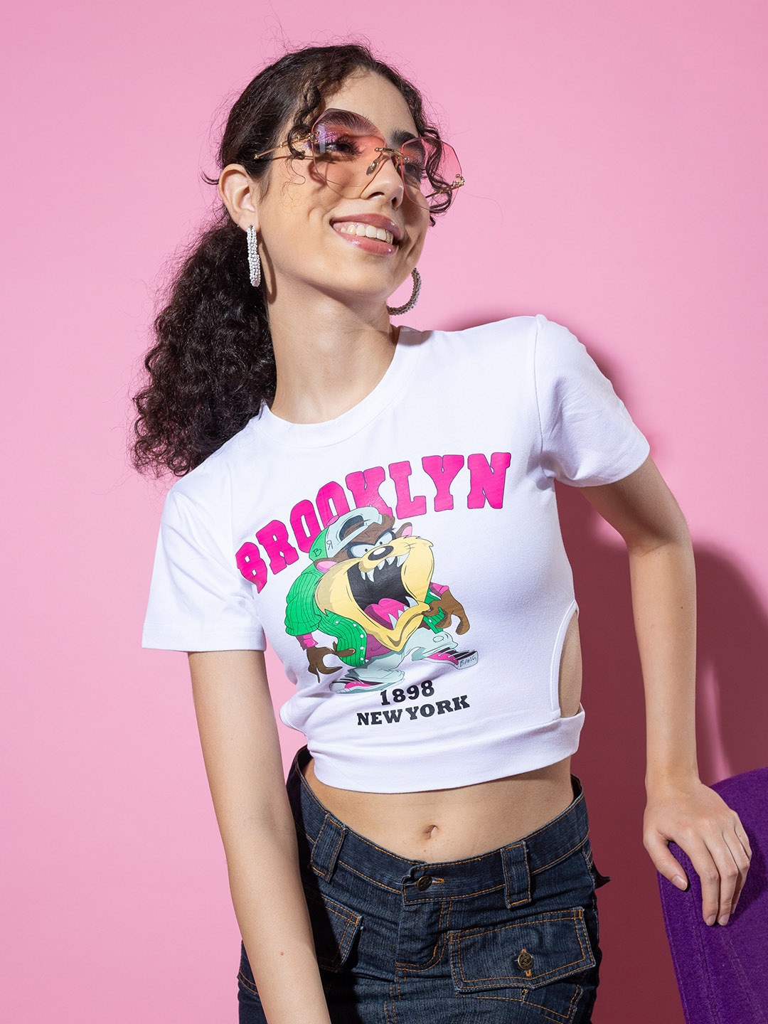 

Stylecast X Hersheinbox White Graphic Printed Pure Cotton Styled Back Crop Top