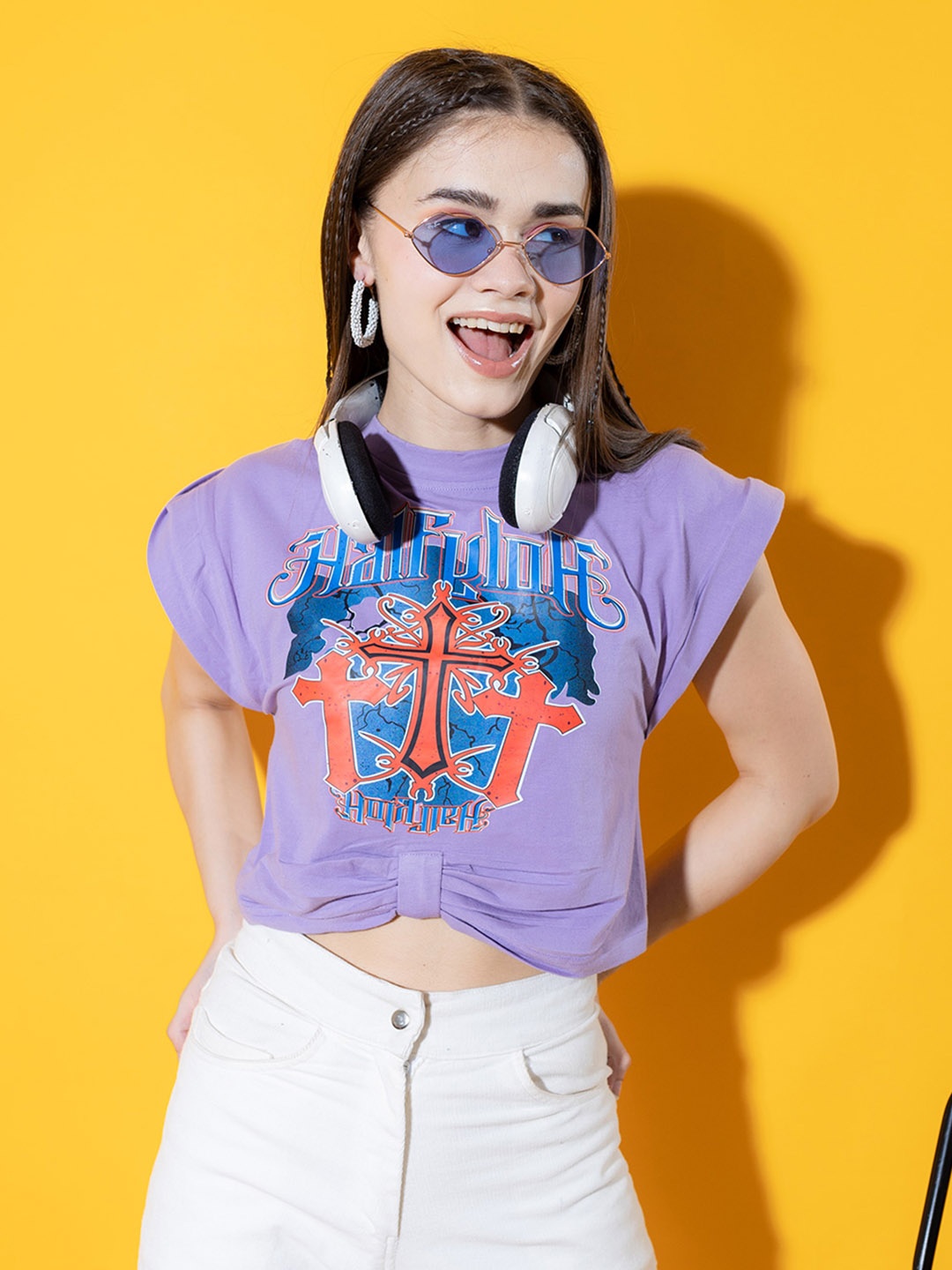 

Stylecast X Hersheinbox Purple Graphic Printed Pure Cotton Crop Top