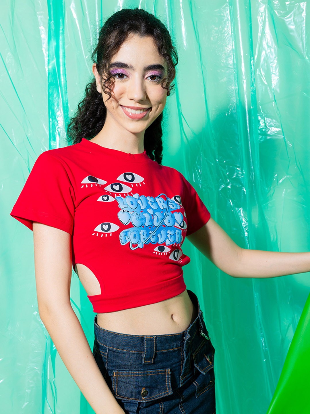

Stylecast X Hersheinbox Red Typography Printed Pure Cotton Fitted Crop Top