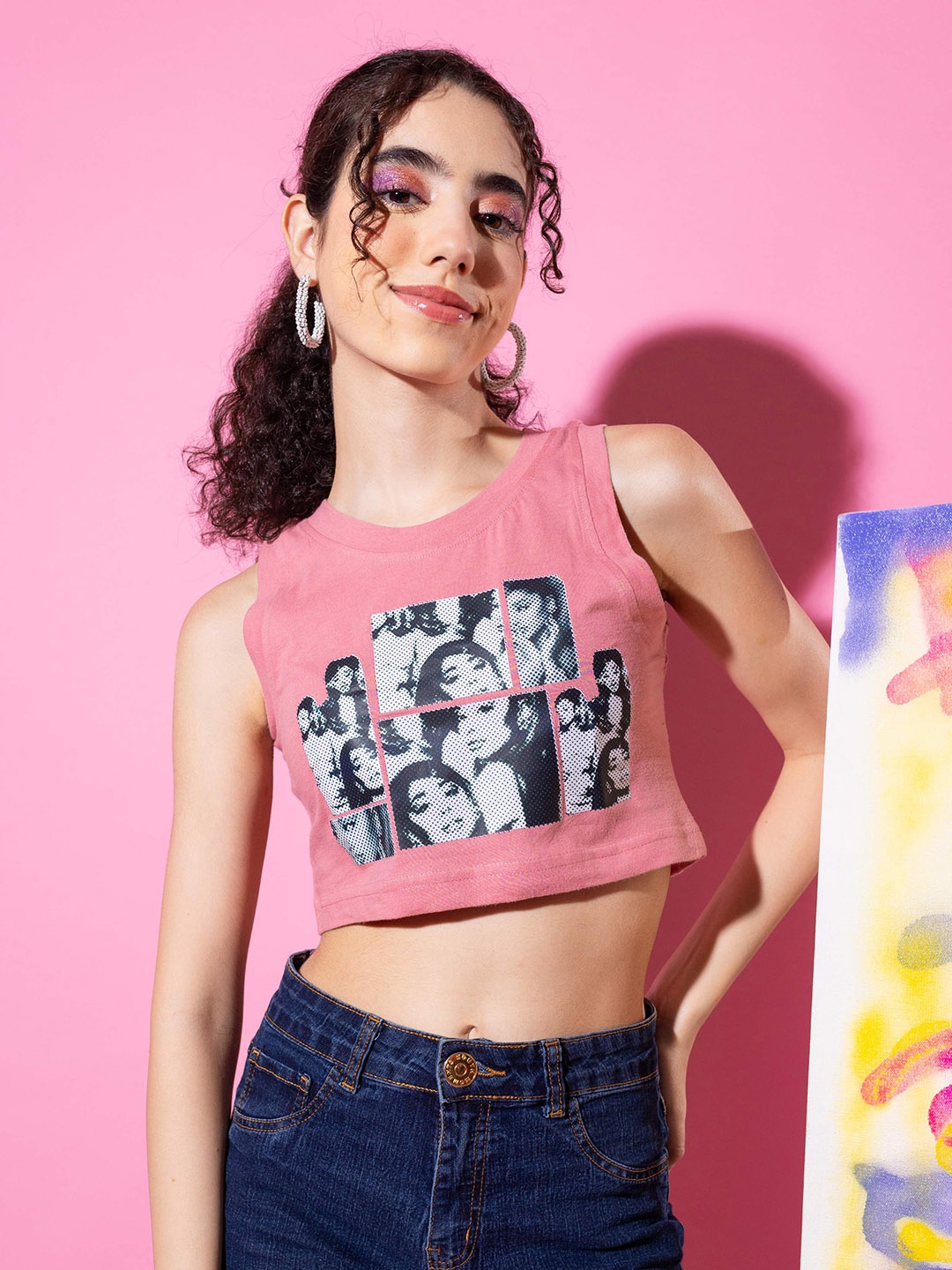 

Stylecast X Hersheinbox Pink Graphic Printed Sleeveless Pure Cotton Crop Top