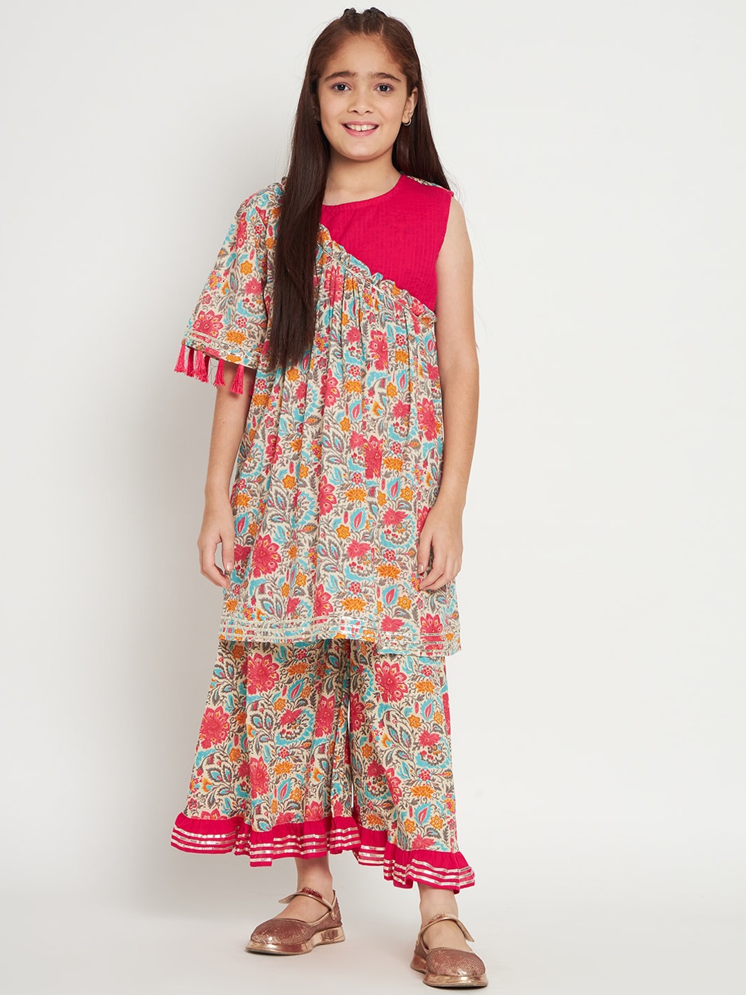 

Readiprint Fashions Girls Floral Printed Gotta Patti Pure Cotton Kurti With Palazzos, Pink
