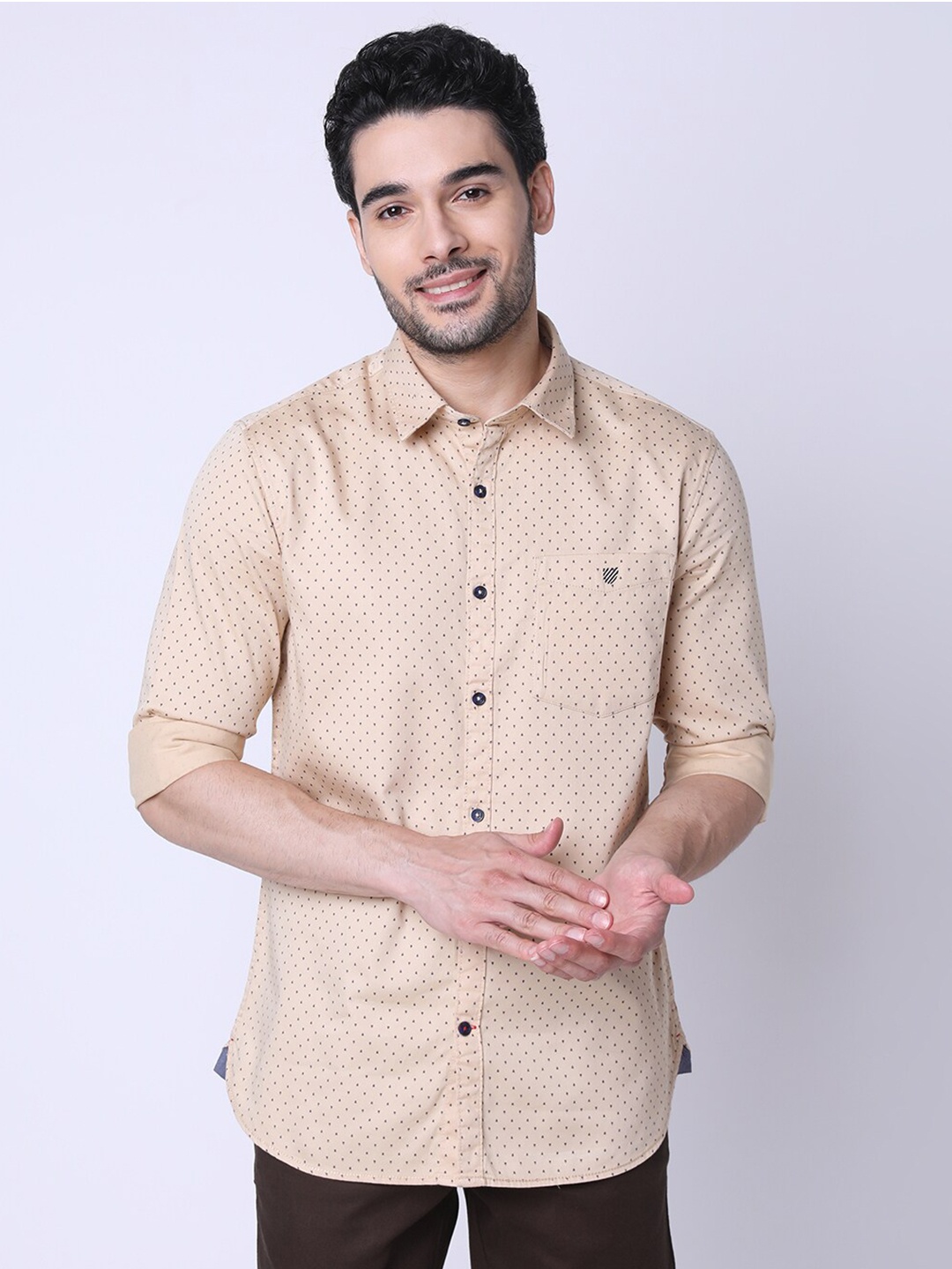 

J Hampstead Classic Slim Fit Micro Ditsy Printed Cotton Casual Shirt, Beige
