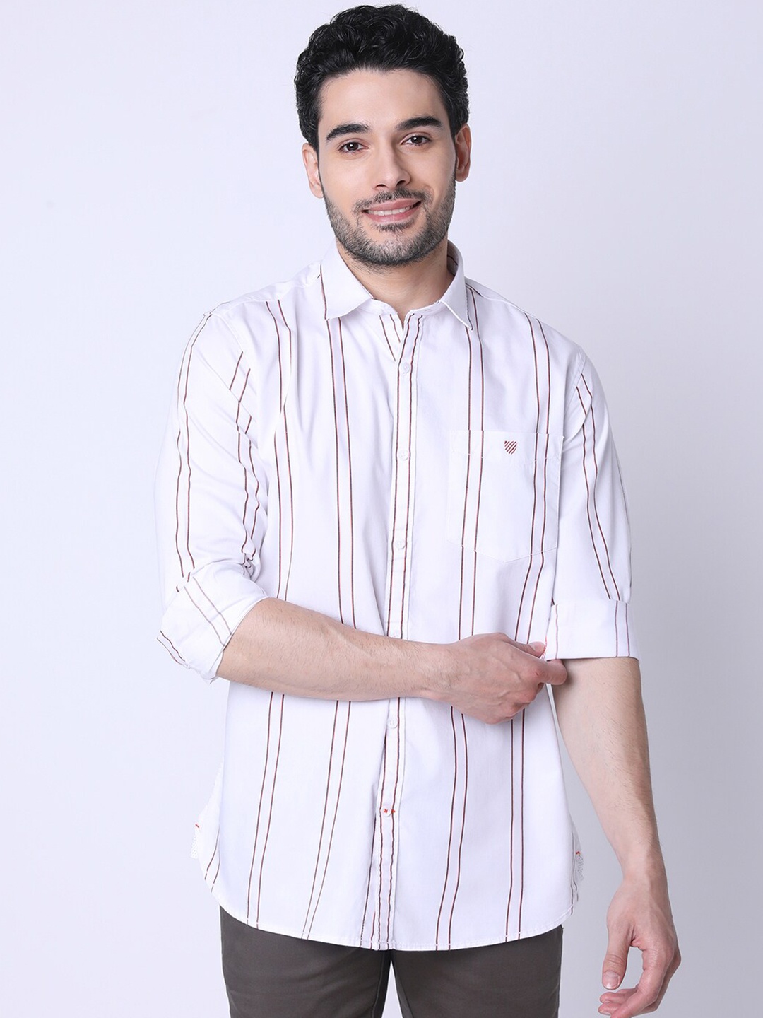 

J Hampstead Classic Slim Fit Vertical Striped Cotton Casual Shirt, White