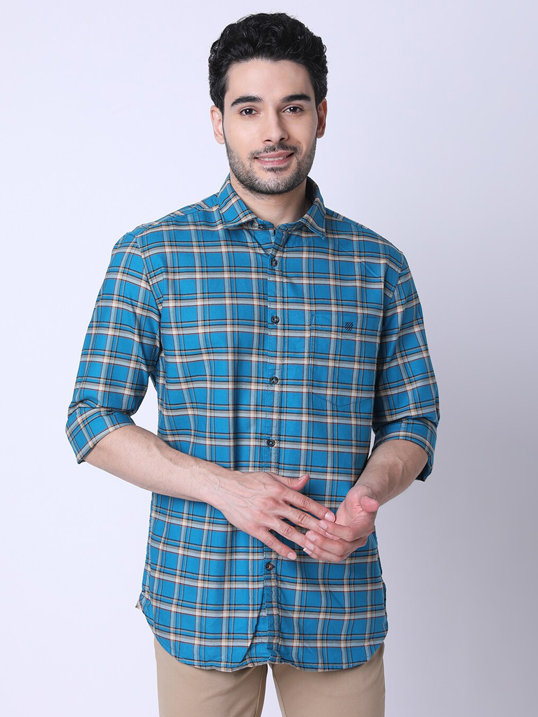 

J Hampstead Classic Slim Fit Tartan Checked Cotton Casual Shirt, Blue