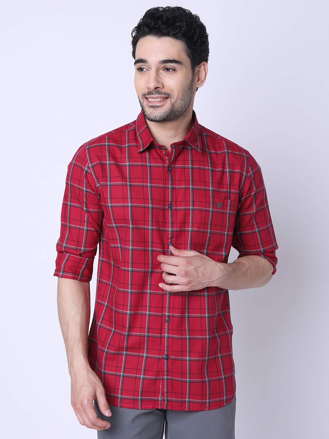

J Hampstead Classic Slim Fit Tartan Checked Cotton Casual Shirt, Red