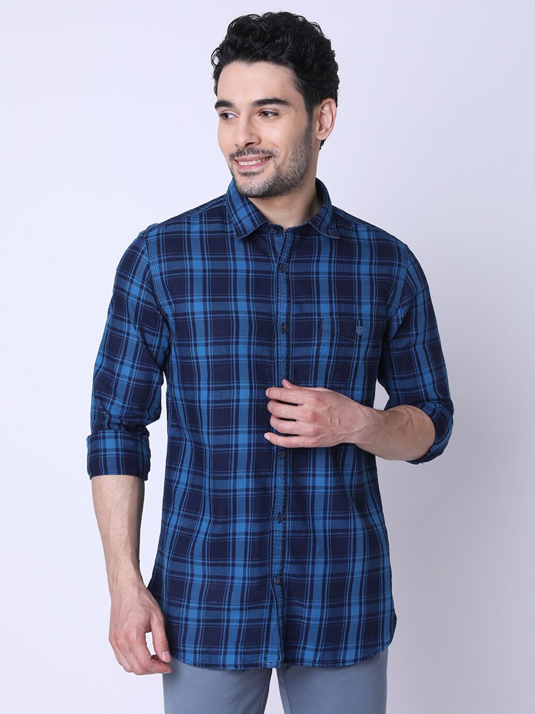 

J Hampstead Checked Classic Slim Fit Cotton Casual Shirt, Navy blue