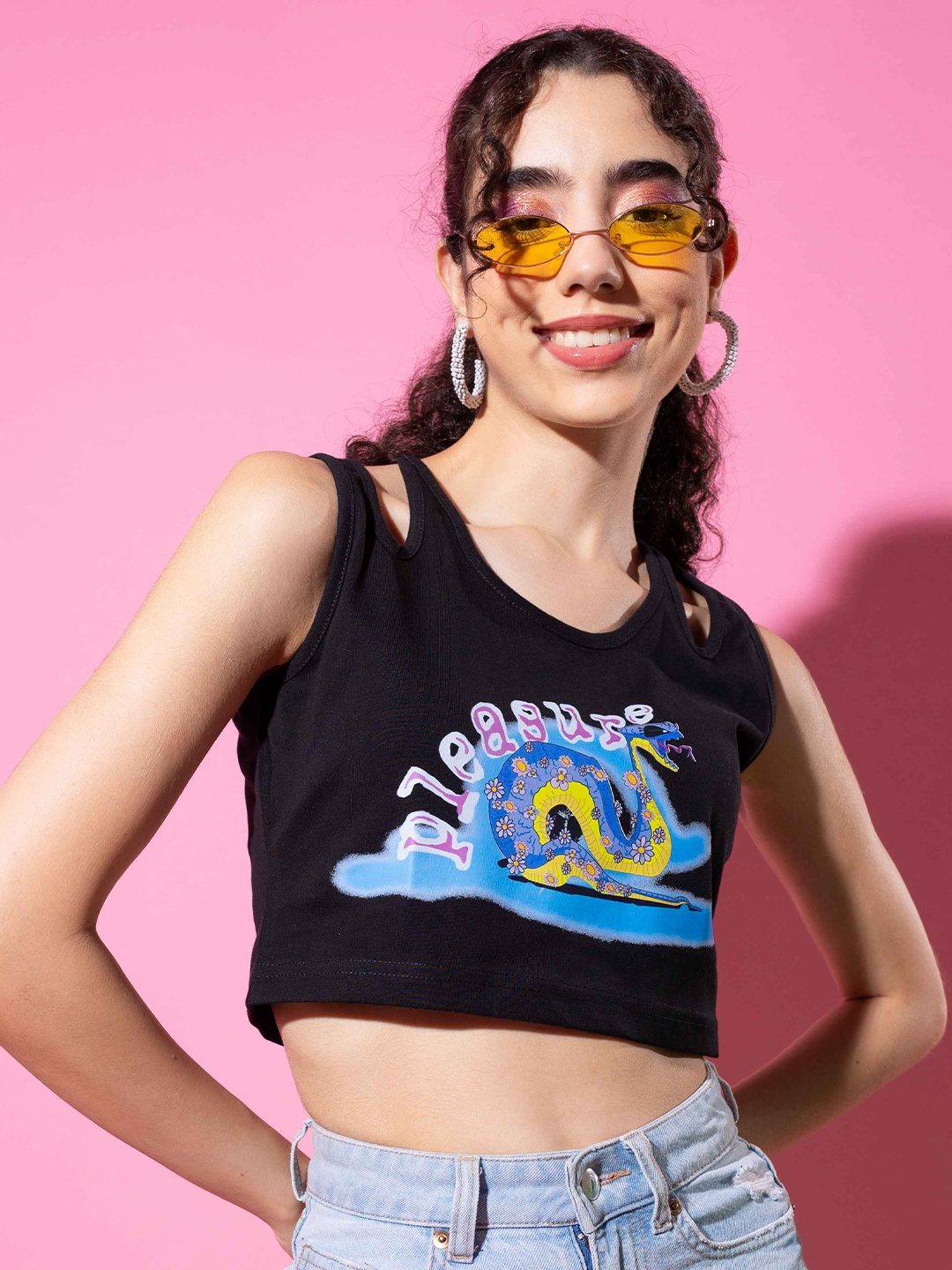 

Stylecast X Hersheinbox Typography Printed Pure Cotton Crop Top, Black