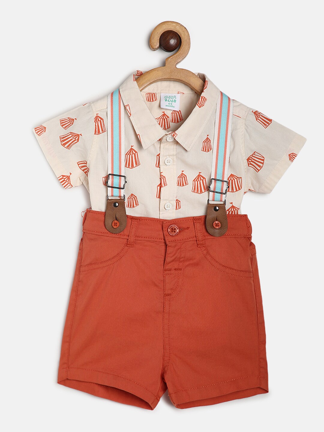 

MINI KLUB Boys Printed Shirt And Short With Suspenders, Rust
